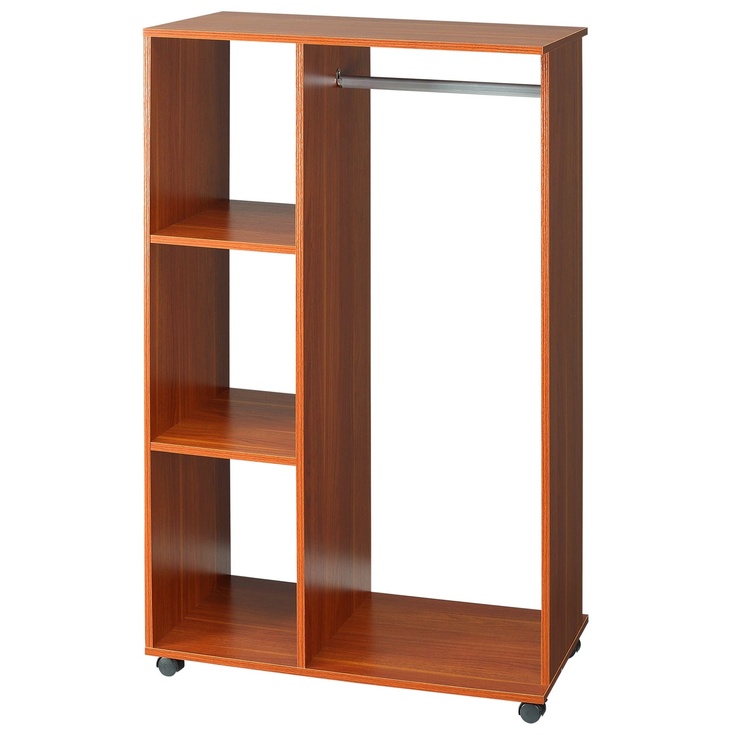 HOMCOM Open Wardrobe on Wheels with Clothes Rail, Bedroom Clothes Storage with Hanging Rod, 3 Storage Shelves, Mobile Garment Rack for Cloakroom, Hallway, Walnut