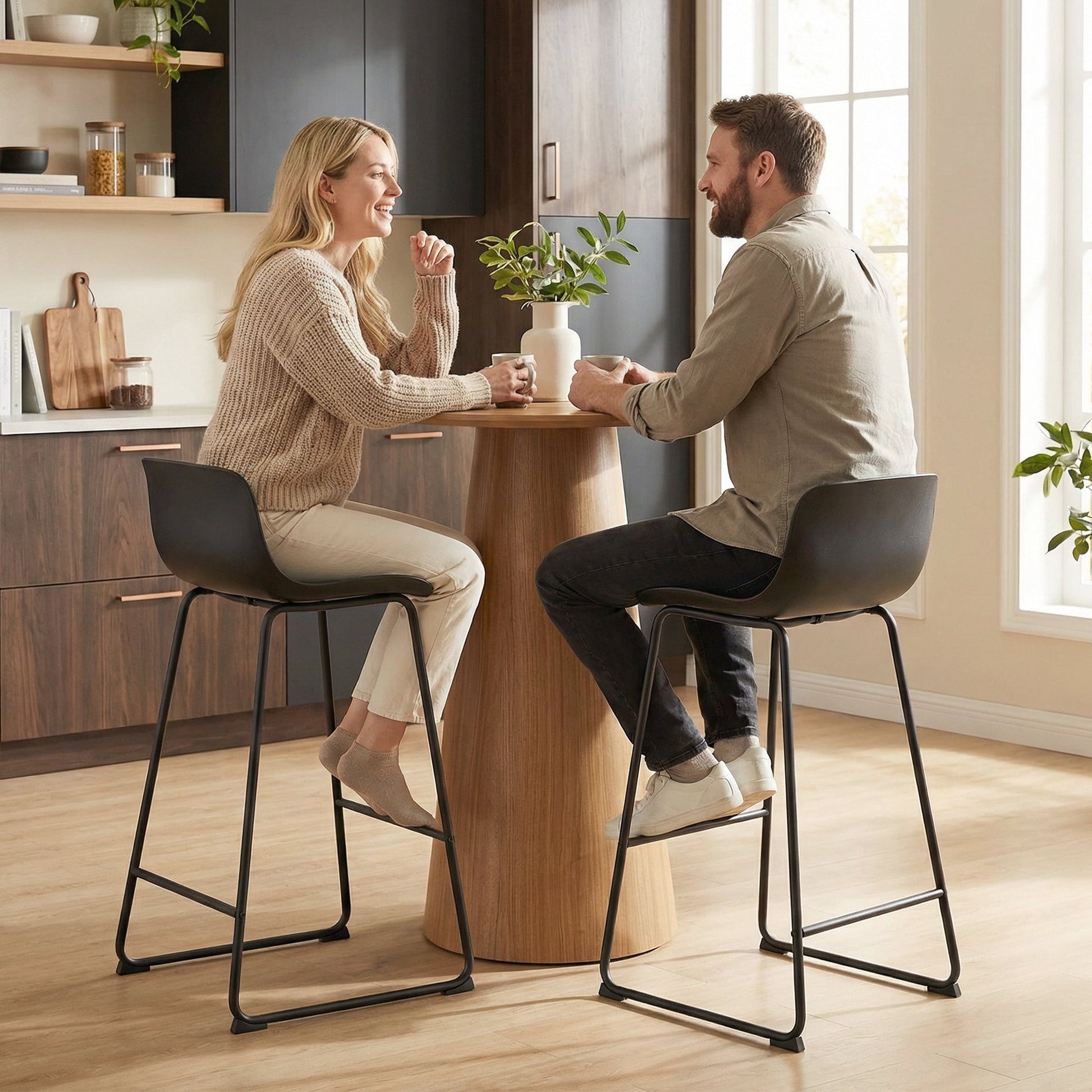 Modern Bar Stools Set of 2, PU Leather Upholstered Barstools, Counter Height Kitchen Chairs with Footrest for Breakfast Bars, Dining Room, Black