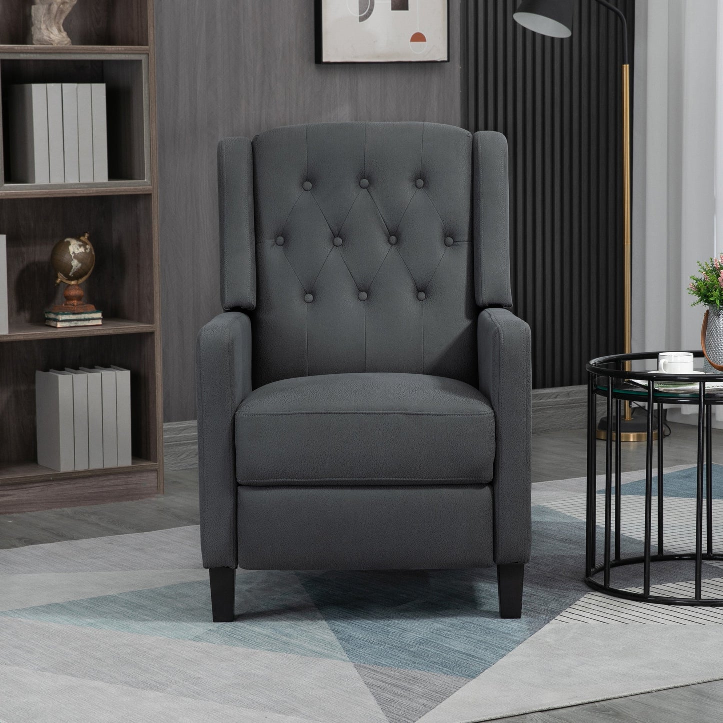 HOMCOM Wingback Push Back Recliner Armchair, Microfibre Cloth Reclining Chair with Leg Rest, Button Tufted, for Home Living Room Theater, Charcoal Grey