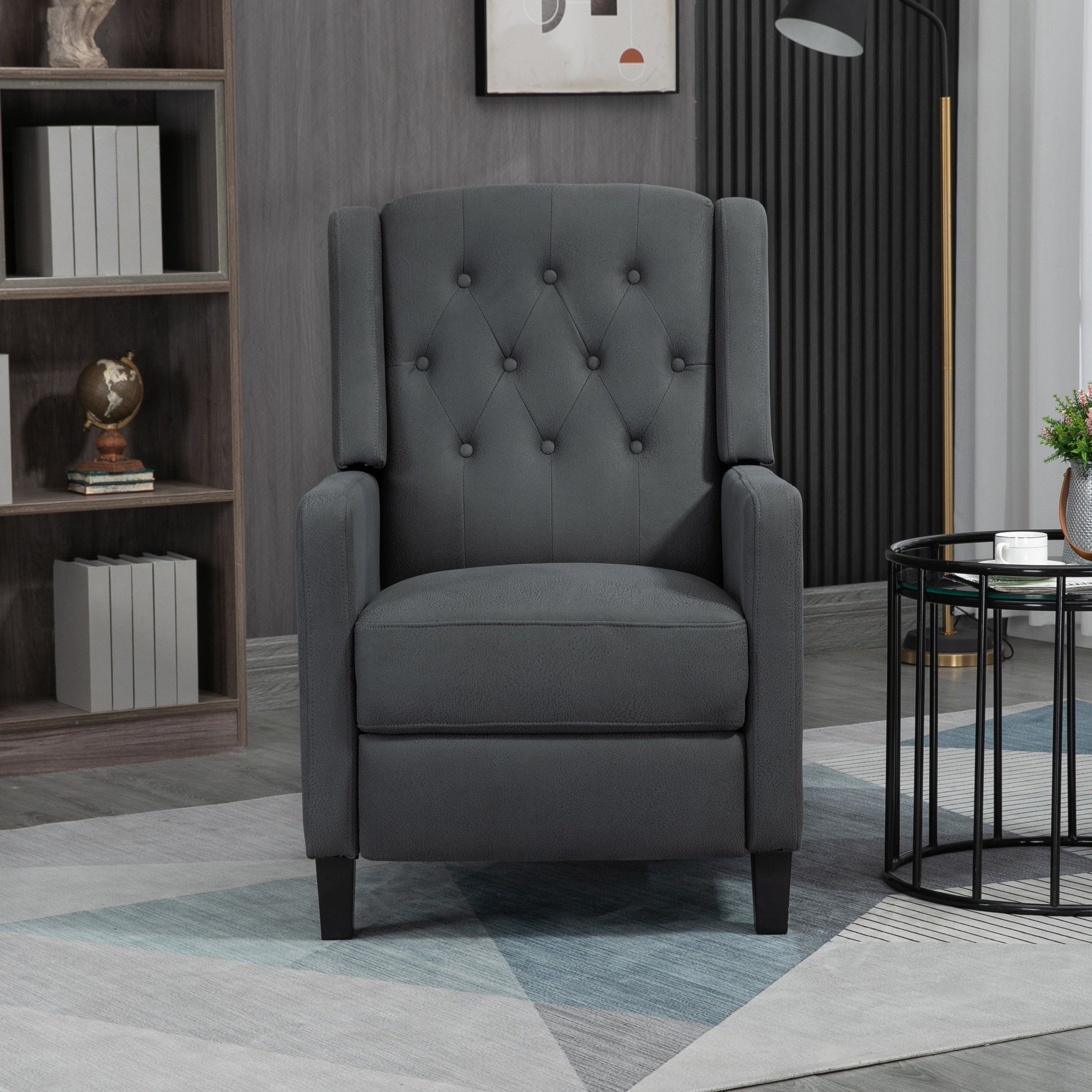 HOMCOM Wingback Push Back Recliner Armchair, Microfibre Cloth Reclining Chair with Leg Rest, Button Tufted, for Home Living Room Theater, Charcoal Grey