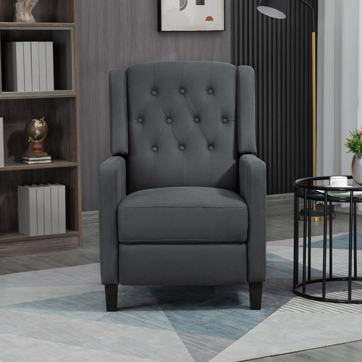 HOMCOM Wingback Push Back Recliner Armchair, Microfibre Cloth Reclining Chair with Leg Rest, Button Tufted, for Home Living Room Theater, Charcoal Grey