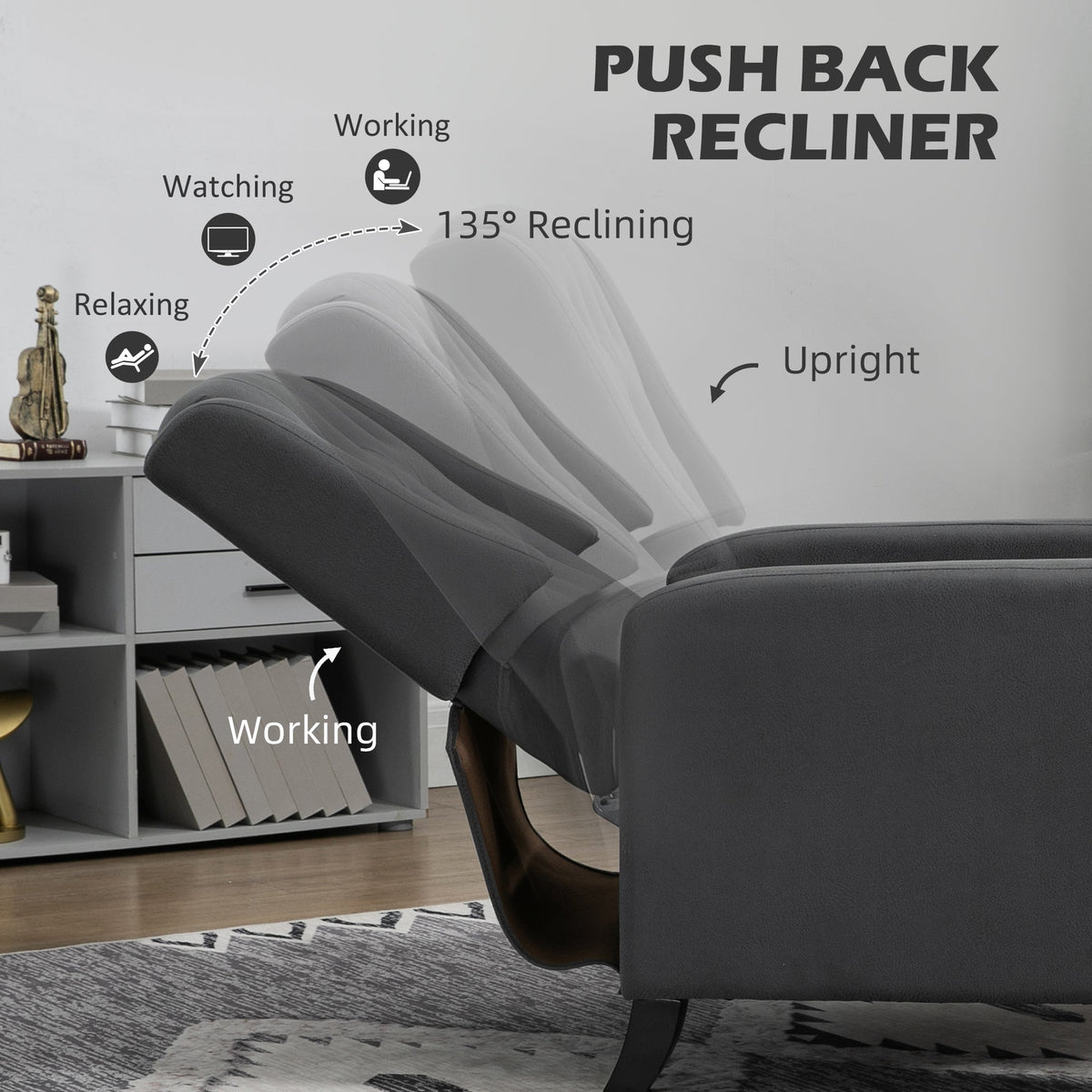 HOMCOM Wingback Push Back Recliner Armchair, Microfibre Cloth Reclining Chair with Leg Rest, Button Tufted, for Home Living Room Theater, Charcoal Grey