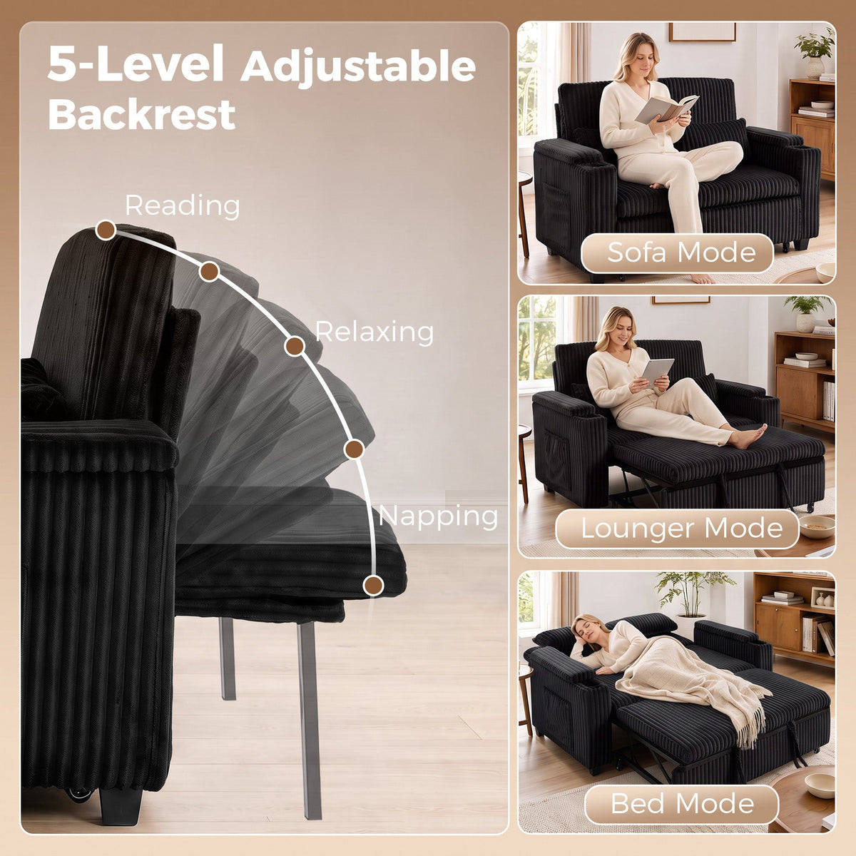 2 Seater Sofa Bed, 3-in-1 Convertible Pull Out Sleeper Sofa, Corduroy Loveseat Bed Settee with Adjustable Backrest, Storage Armrests, Cup Holders, Side Pockets for Living Room, Black
