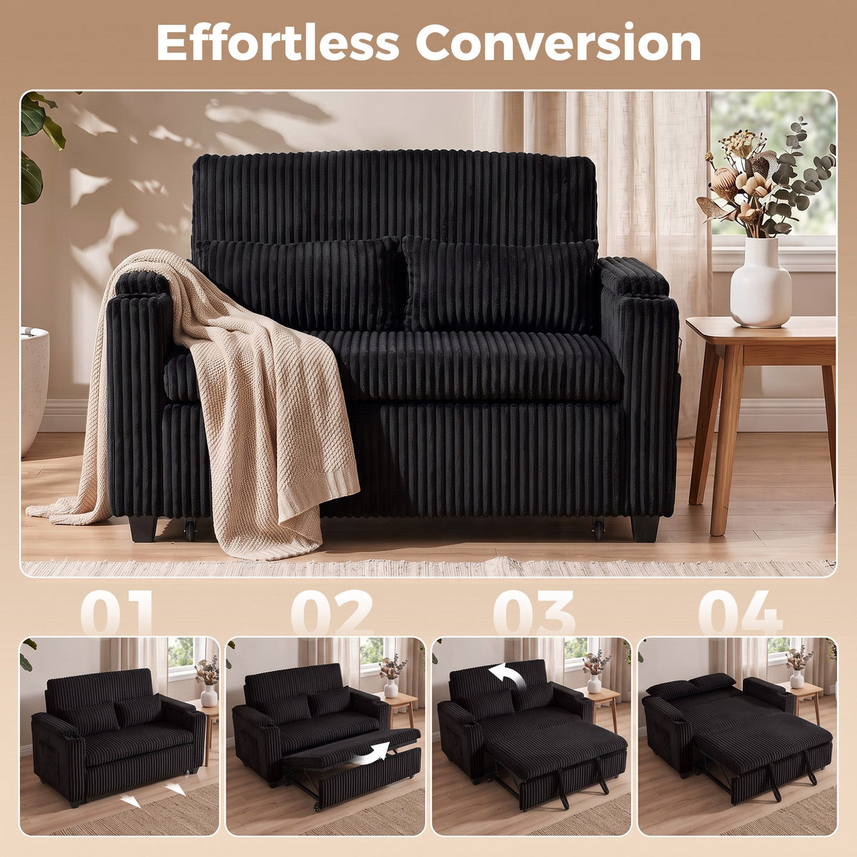 2 Seater Sofa Bed, 3-in-1 Convertible Pull Out Sleeper Sofa, Corduroy Loveseat Bed Settee with Adjustable Backrest, Storage Armrests, Cup Holders, Side Pockets for Living Room, Black