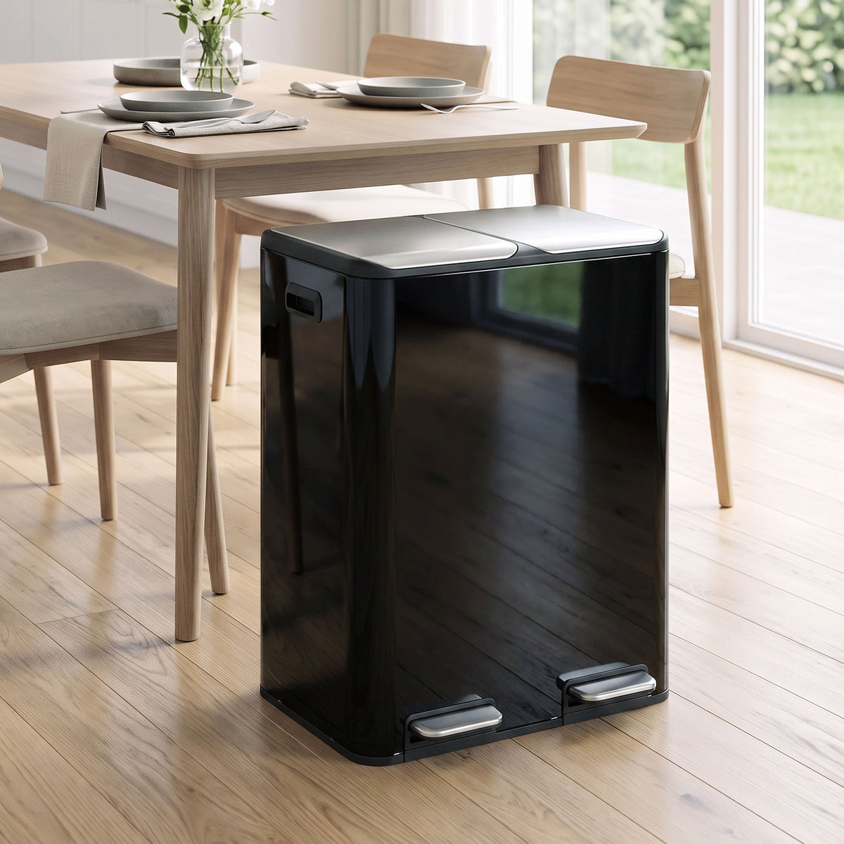 2 x 30L Double Kitchen Bin, Stainless Steel Pedal Rubbish Bin with Dual Compartments, Soft Close & Stay-Open Lids, Removable Inner Buckets for Kitchen, Home, Office, Recycling, High Gloss Black