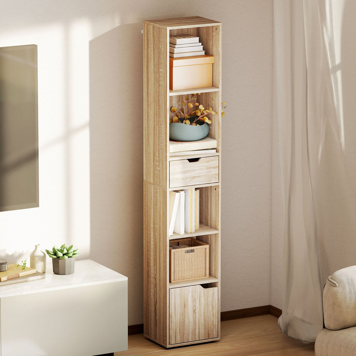 6-Tier Bookcase, Tall Narrow Bookshelf with Drawer, Door, Adjustable Shelf, Modern Display Standing Shelving Unit for Living Room, Home Office, Bedroom, 30 x 24 x 158 cm, Natural Wood Finish
