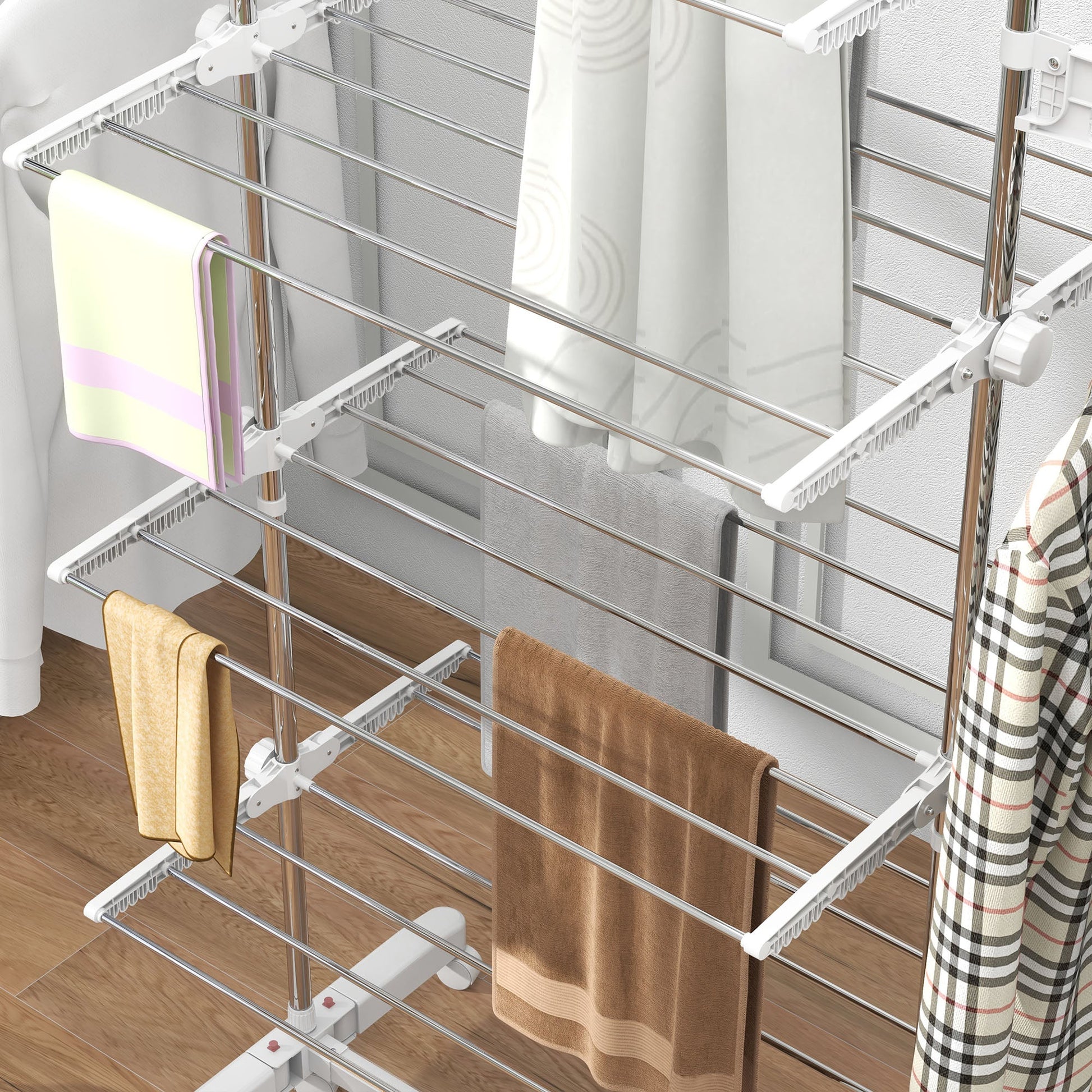 HOMCOM 4-Tier Clothes Airer, Foldable Clothes Drying Rack, Stainless Steel Indoor and Outdoor Clothes Dryer with Wheels and Wings, Easy Assembly, 142 x 55 x 172cm, White