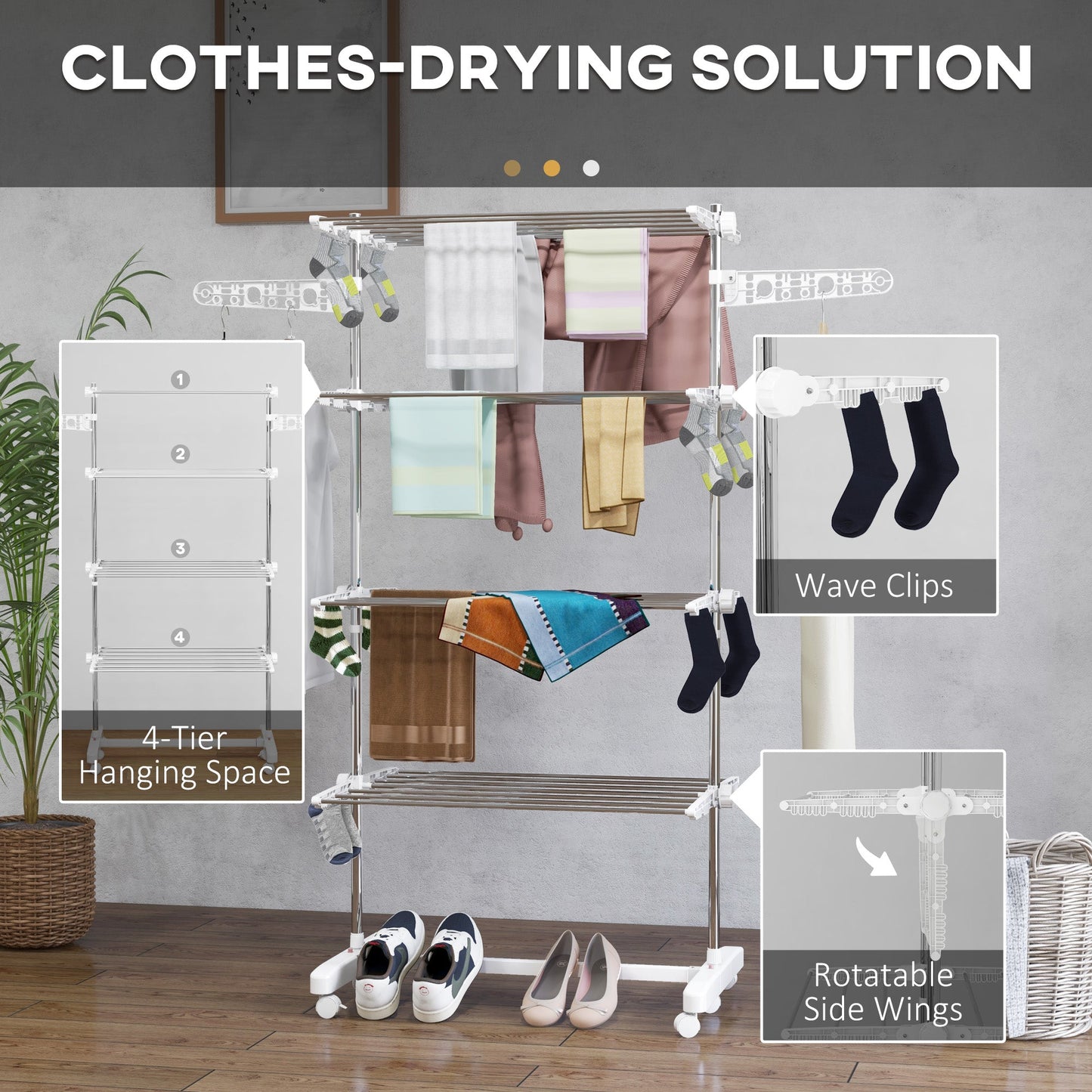 HOMCOM 4-Tier Clothes Airer, Foldable Clothes Drying Rack, Stainless Steel Indoor and Outdoor Clothes Dryer with Wheels and Wings, Easy Assembly, 142 x 55 x 172cm, White