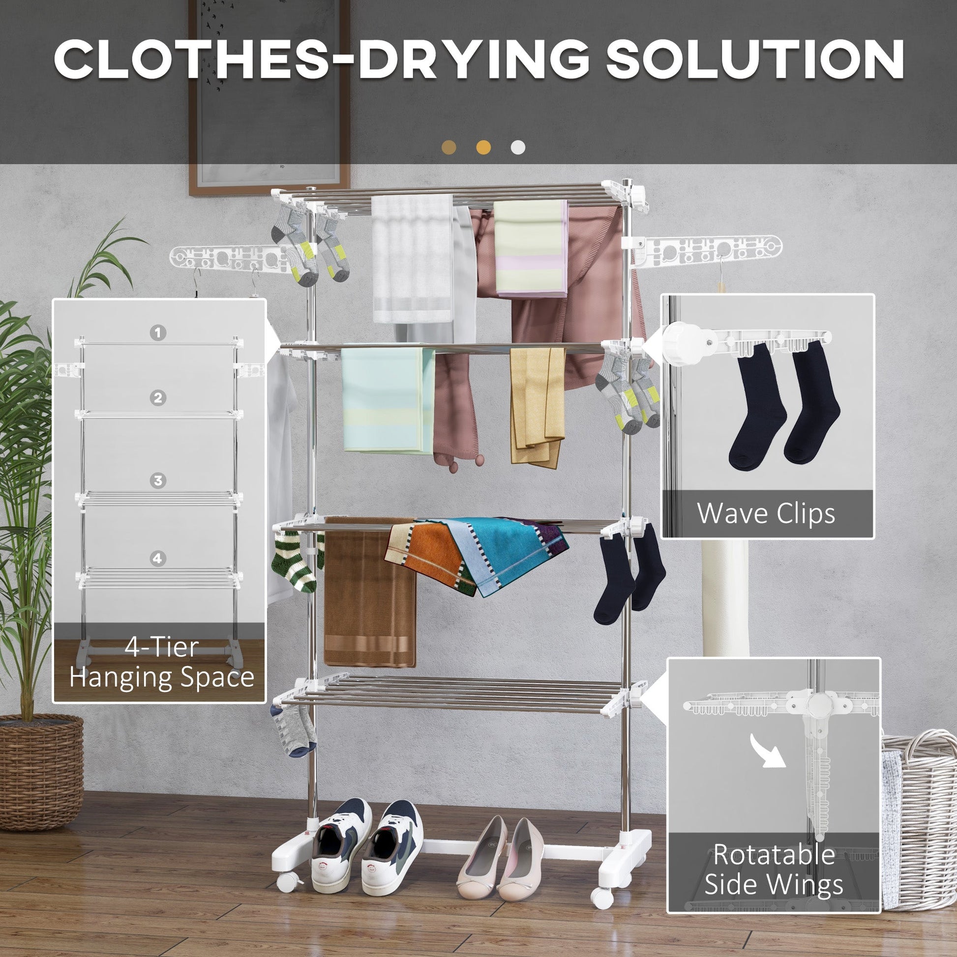 HOMCOM 4-Tier Clothes Airer, Foldable Clothes Drying Rack, Stainless Steel Indoor and Outdoor Clothes Dryer with Wheels and Wings, Easy Assembly, 142 x 55 x 172cm, White