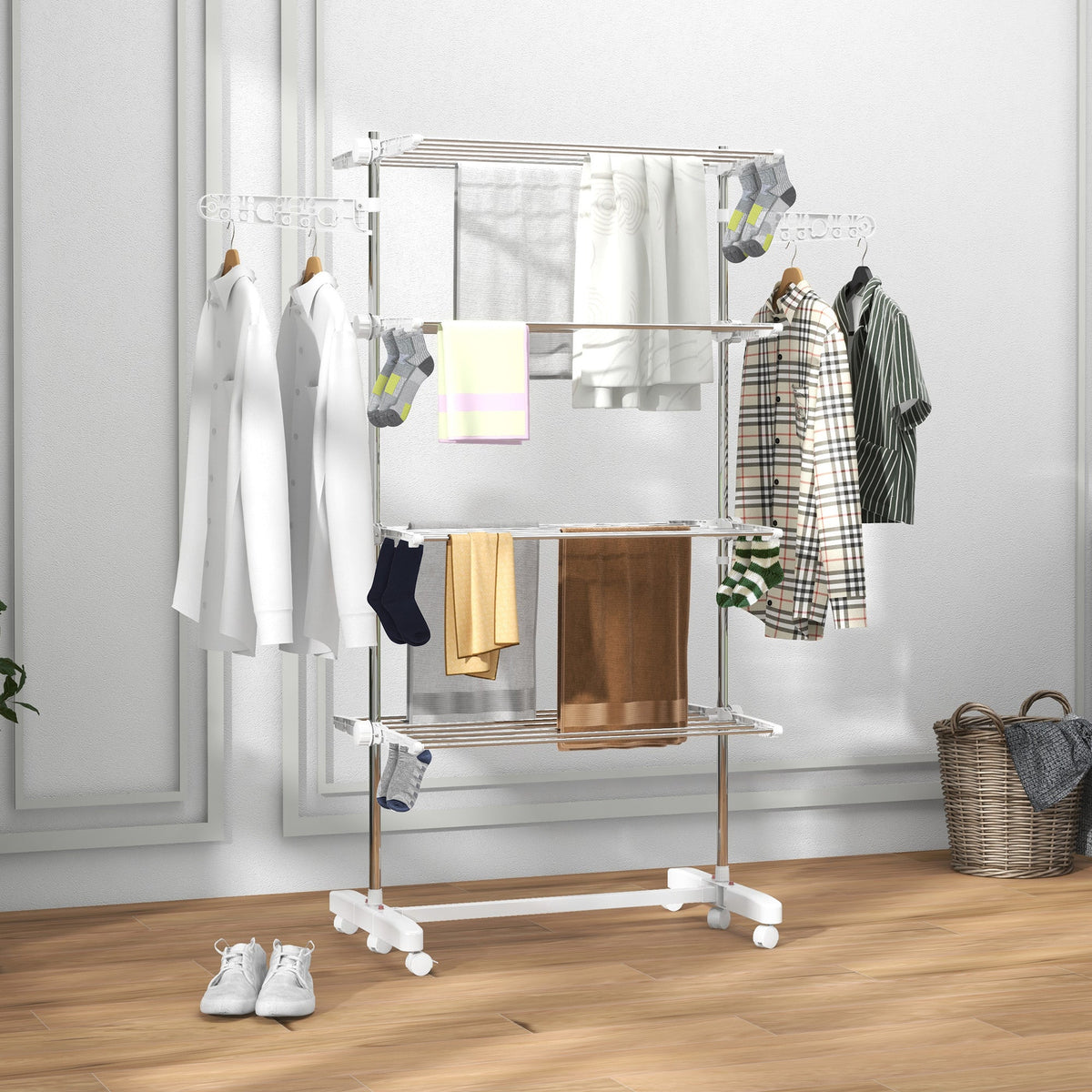 HOMCOM 4-Tier Clothes Airer, Foldable Clothes Drying Rack, Stainless Steel Indoor and Outdoor Clothes Dryer with Wheels and Wings, Easy Assembly, 142 x 55 x 172cm, White