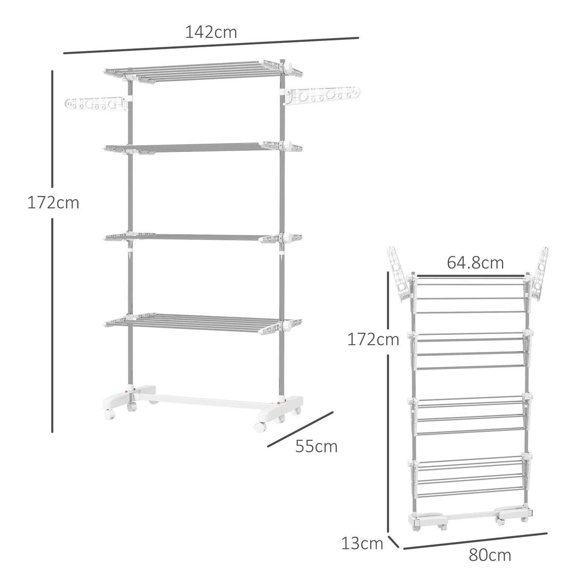 HOMCOM 4-Tier Clothes Airer, Foldable Clothes Drying Rack, Stainless Steel Indoor and Outdoor Clothes Dryer with Wheels and Wings, Easy Assembly, 142 x 55 x 172cm, White