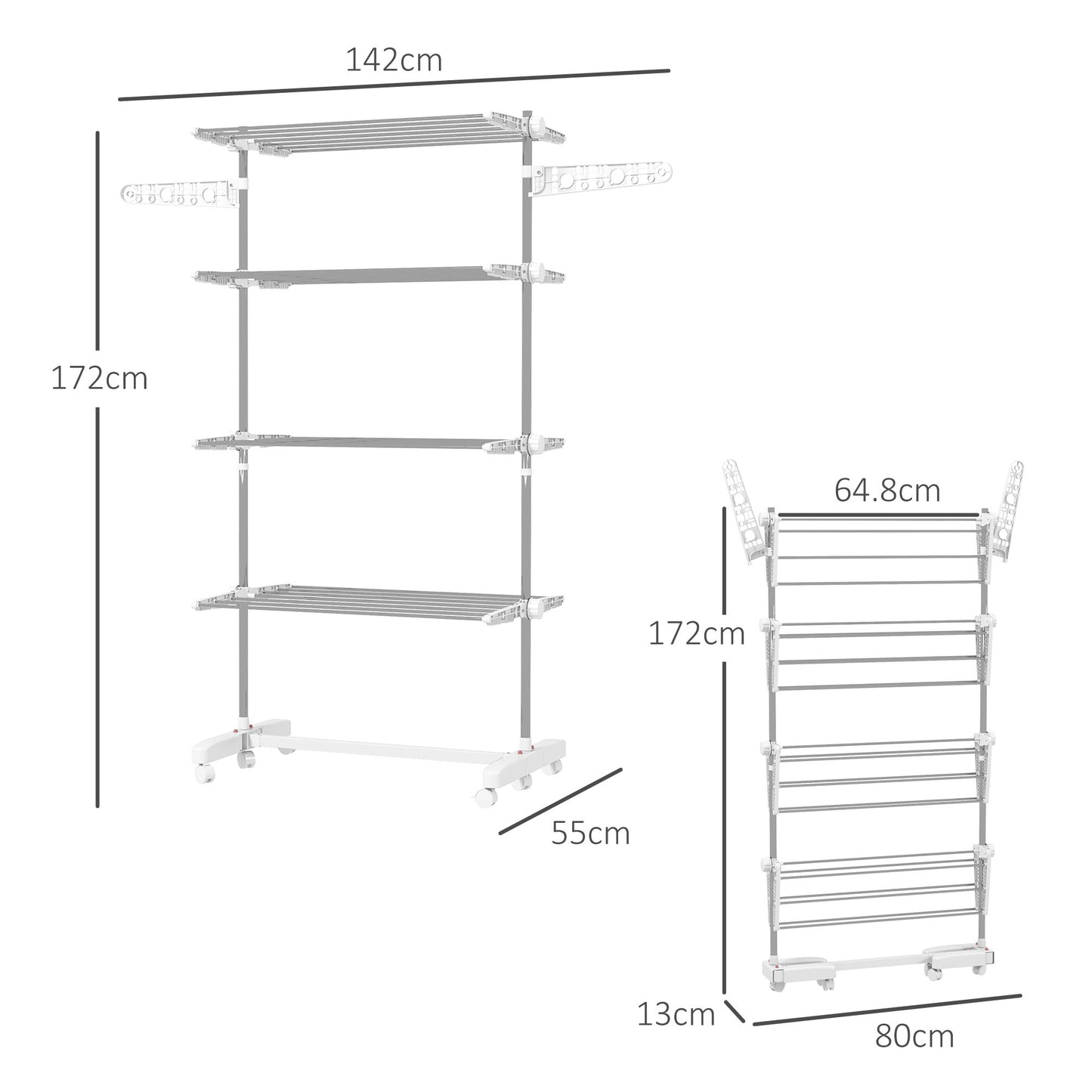 HOMCOM 4-Tier Clothes Airer, Foldable Clothes Drying Rack, Stainless Steel Indoor and Outdoor Clothes Dryer with Wheels and Wings, Easy Assembly, 142 x 55 x 172cm, White