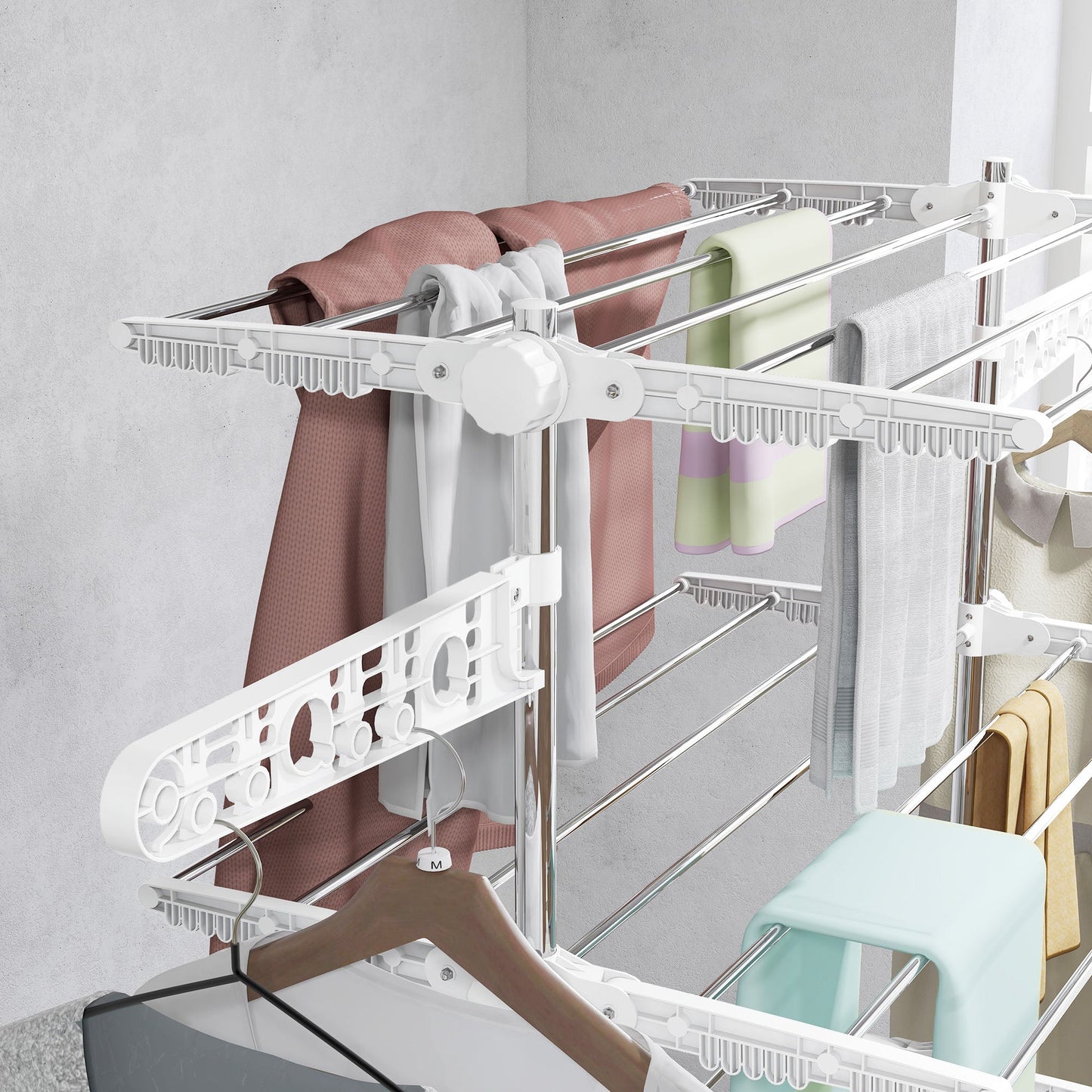 HOMCOM 4-Tier Clothes Airer, Foldable Clothes Drying Rack, Stainless Steel Indoor and Outdoor Clothes Dryer with Wheels and Wings, Easy Assembly, 142 x 55 x 172cm, White