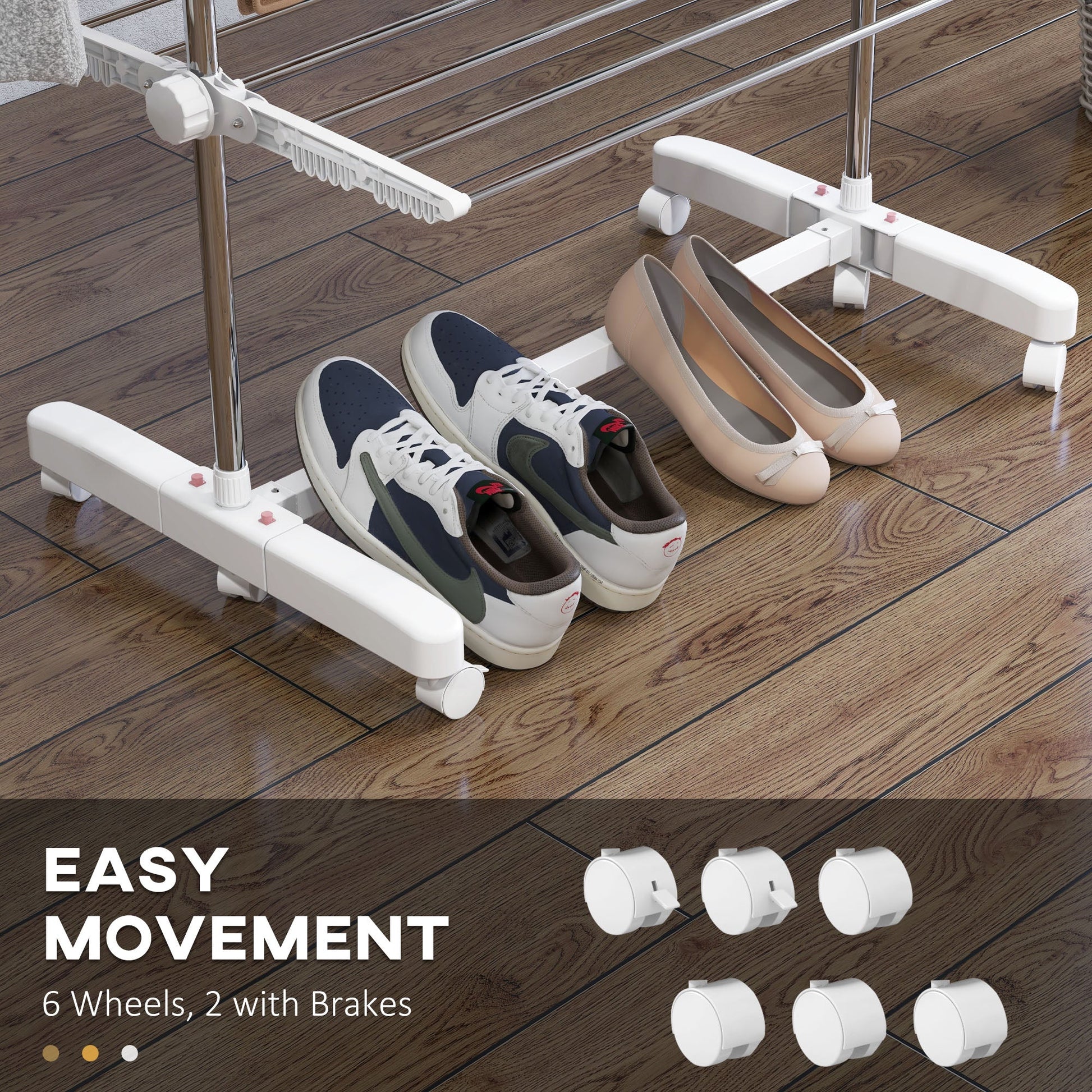 HOMCOM 4-Tier Clothes Airer, Foldable Clothes Drying Rack, Stainless Steel Indoor and Outdoor Clothes Dryer with Wheels and Wings, Easy Assembly, 142 x 55 x 172cm, White