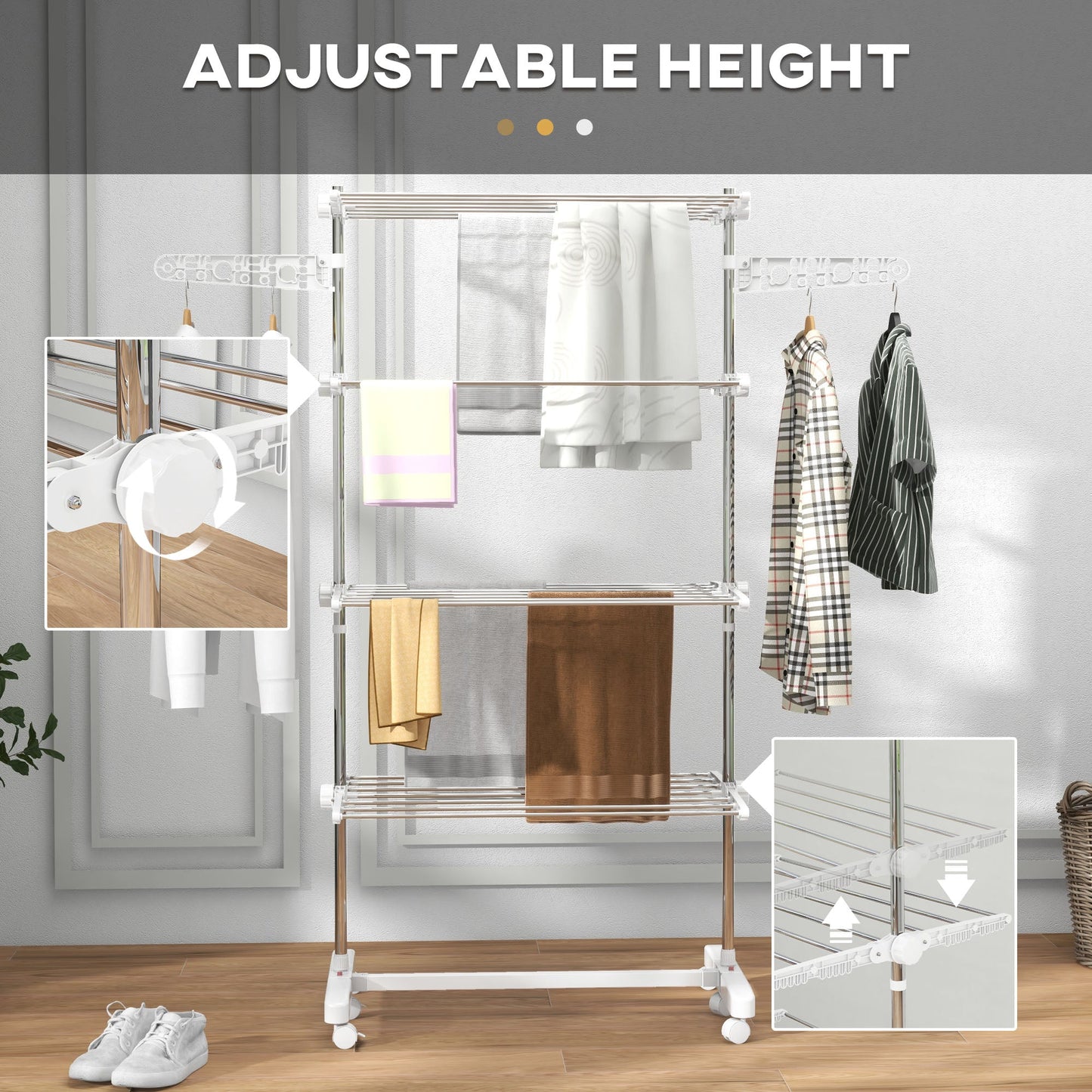 HOMCOM 4-Tier Clothes Airer, Foldable Clothes Drying Rack, Stainless Steel Indoor and Outdoor Clothes Dryer with Wheels and Wings, Easy Assembly, 142 x 55 x 172cm, White