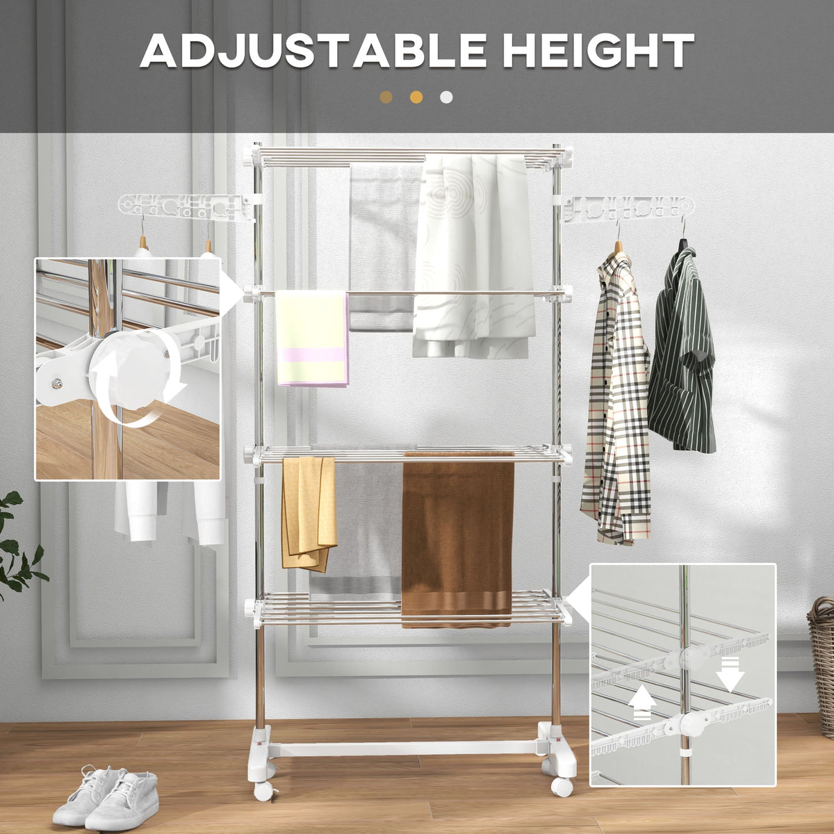 HOMCOM 4-Tier Clothes Airer, Foldable Clothes Drying Rack, Stainless Steel Indoor and Outdoor Clothes Dryer with Wheels and Wings, Easy Assembly, 142 x 55 x 172cm, White