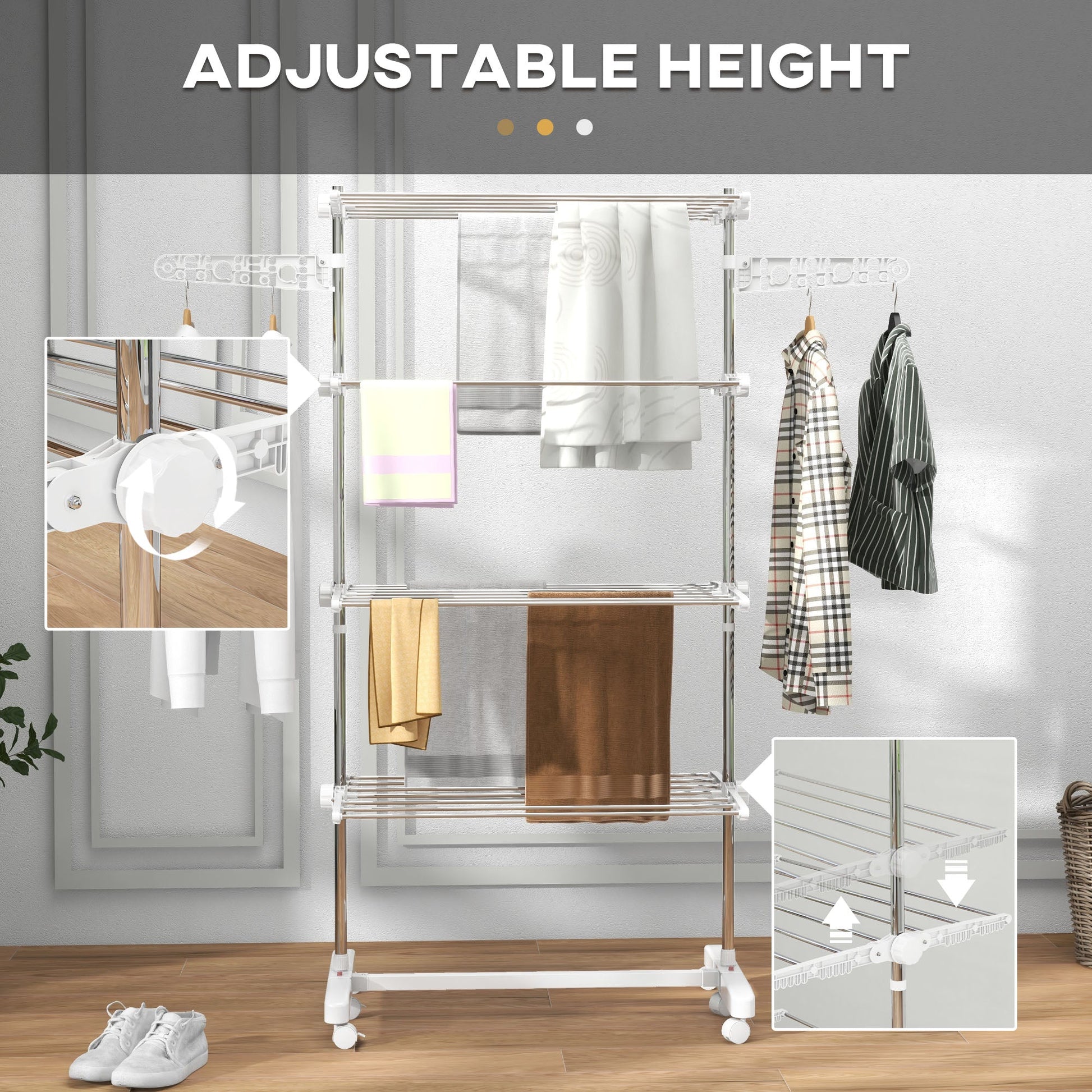 HOMCOM 4-Tier Clothes Airer, Foldable Clothes Drying Rack, Stainless Steel Indoor and Outdoor Clothes Dryer with Wheels and Wings, Easy Assembly, 142 x 55 x 172cm, White