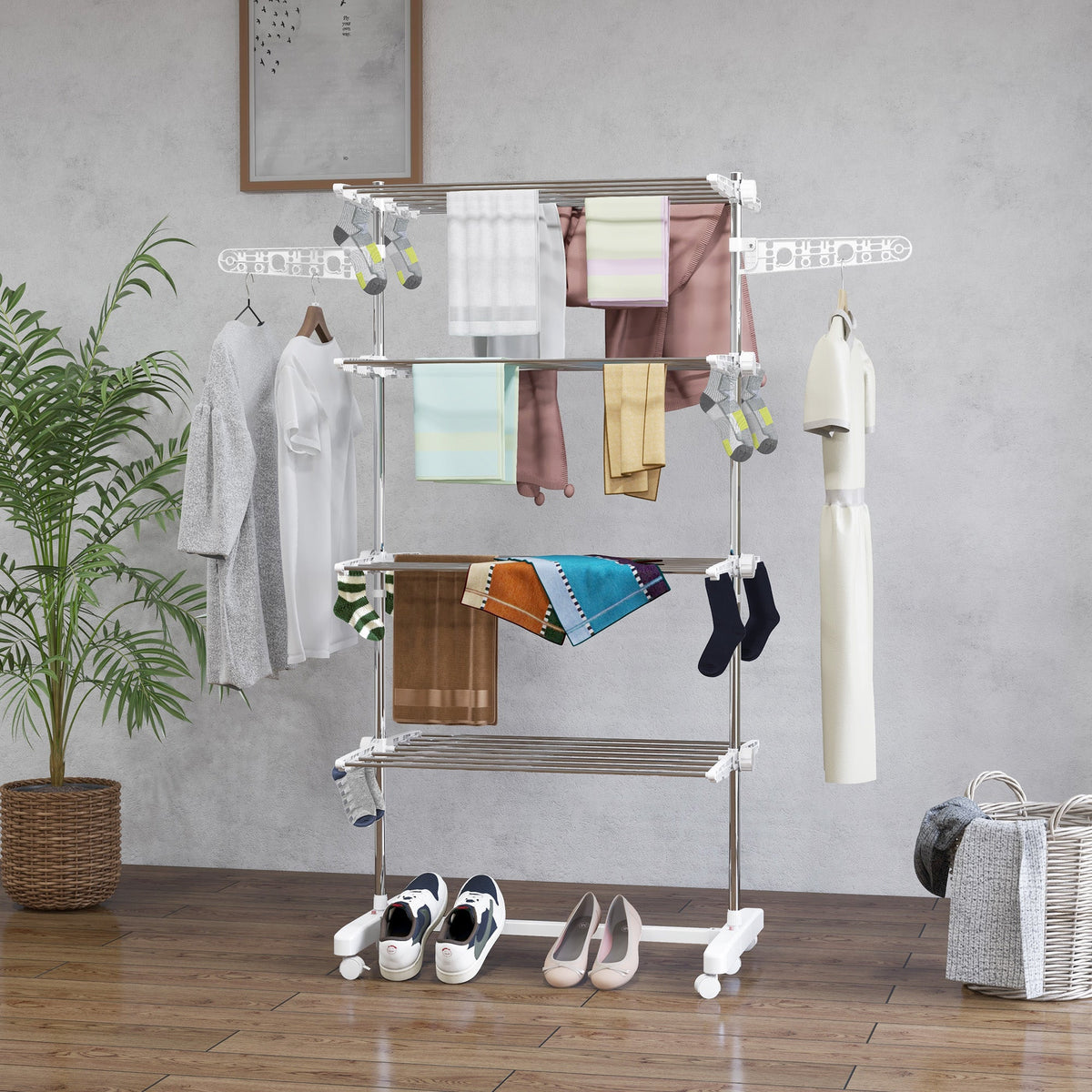 HOMCOM 4-Tier Clothes Airer, Foldable Clothes Drying Rack, Stainless Steel Indoor and Outdoor Clothes Dryer with Wheels and Wings, Easy Assembly, 142 x 55 x 172cm, White