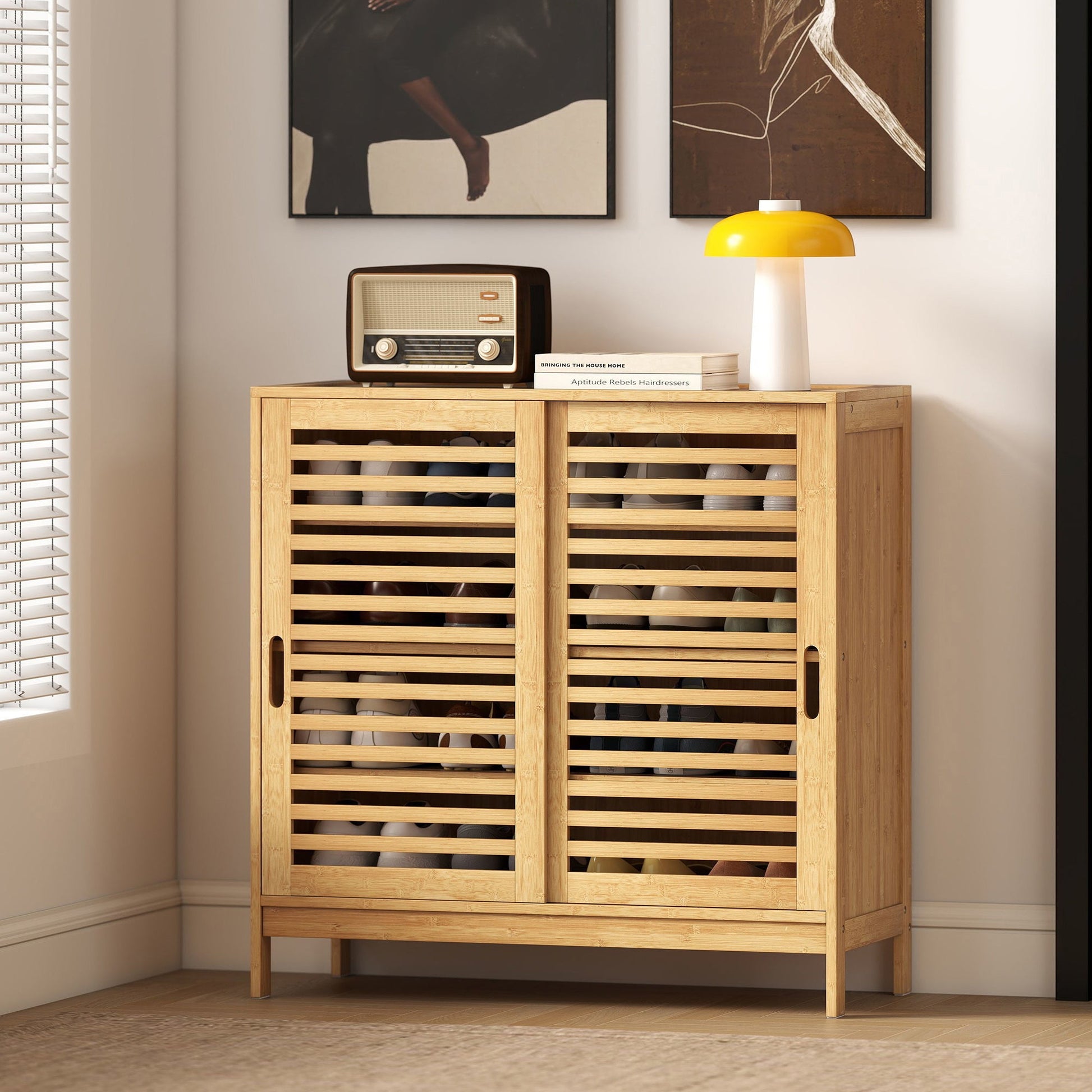Bamboo Shoe Cabinet with 2 Sliding Slat Doors, 16Pairs Hallway Shoe Cupboard with Adjustable Shelves, Entryway Storage Unit, Natural
