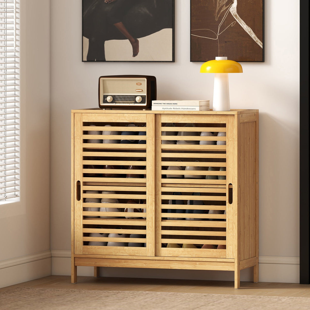 Bamboo Shoe Cabinet with 2 Sliding Slat Doors, 16Pairs Hallway Shoe Cupboard with Adjustable Shelves, Entryway Storage Unit, Natural
