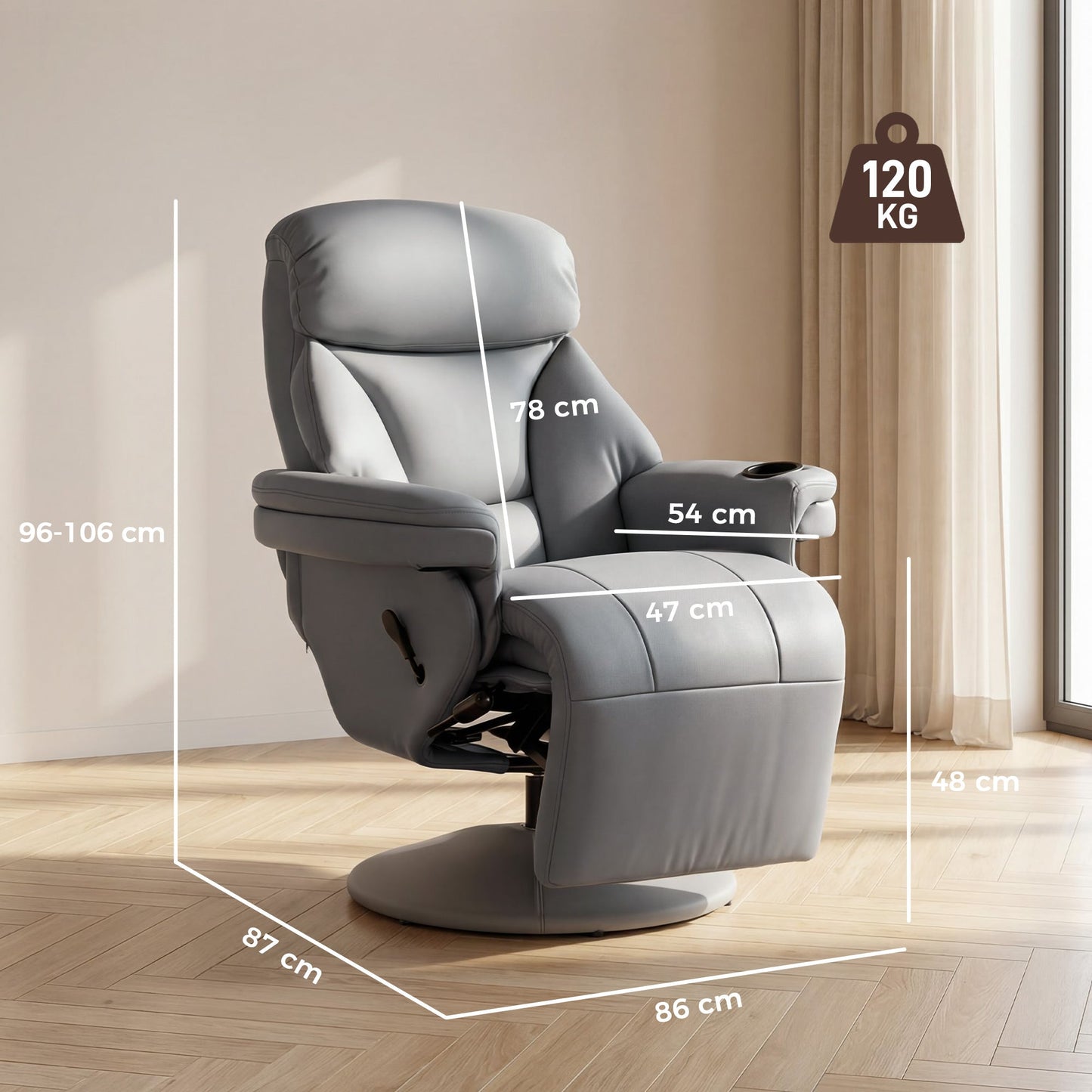 Manual Recliner Chair with Footrest, Upholstered Reclining Armchair with Adjustable Backrest and Cup Holder, PU Leather Swivel Chair for Living Room, Bedroom, Grey