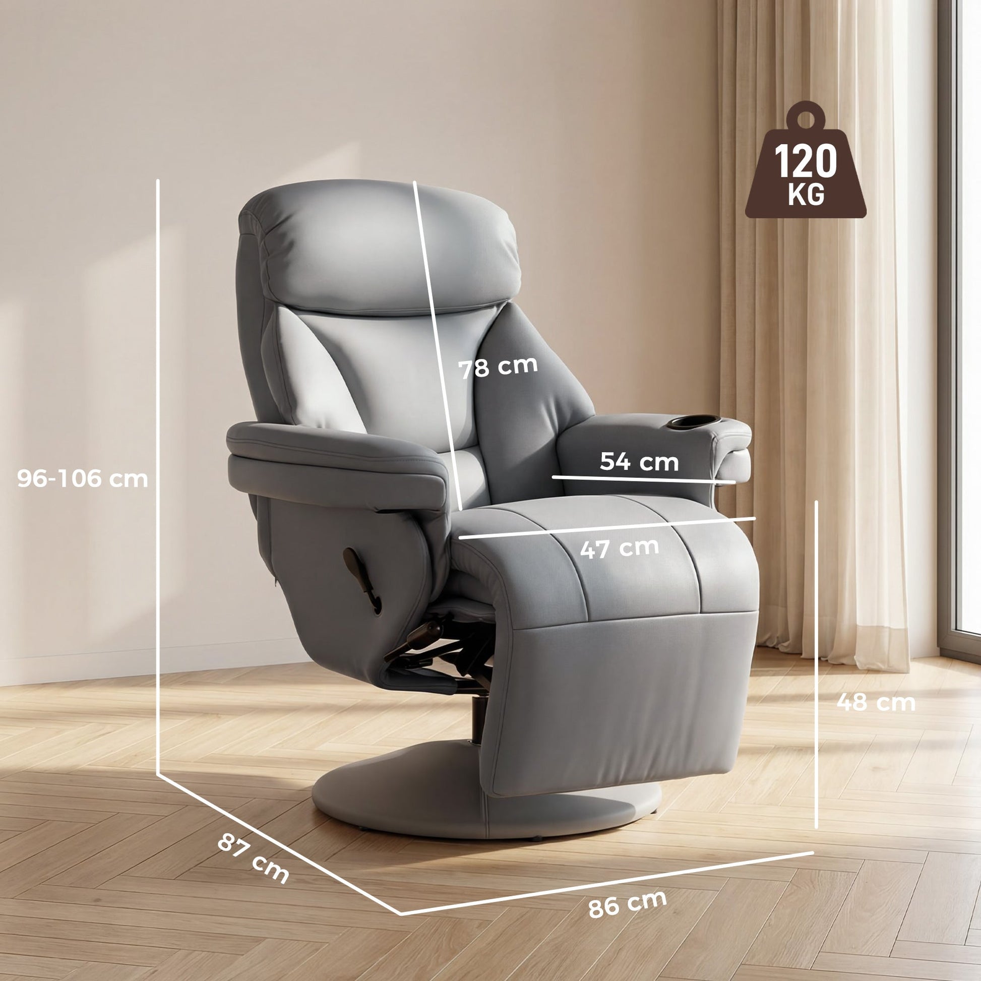 Manual Recliner Chair with Footrest, Upholstered Reclining Armchair with Adjustable Backrest and Cup Holder, PU Leather Swivel Chair for Living Room, Bedroom, Grey