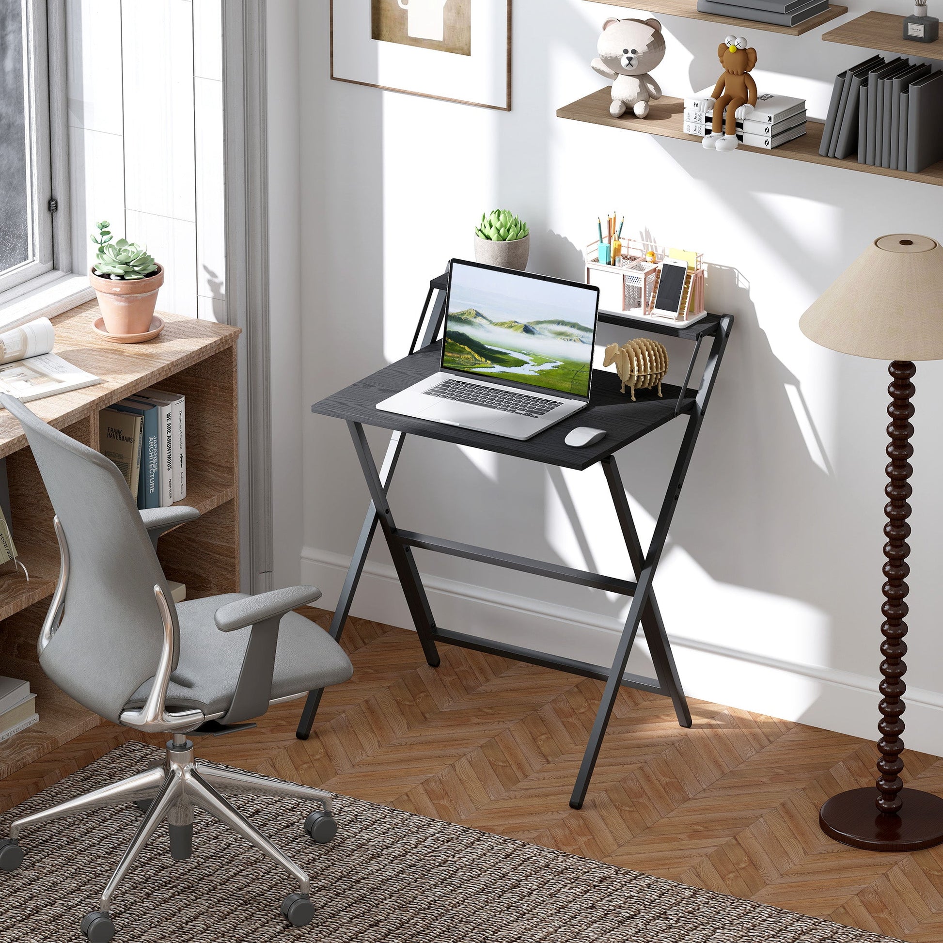 Folding Desk with Monitor Shelf, 70 cm Foldable Computer Desk for Small Spaces, Space Saving Writing Table Workstation for Home Office, Study, Easy Assembly, Black