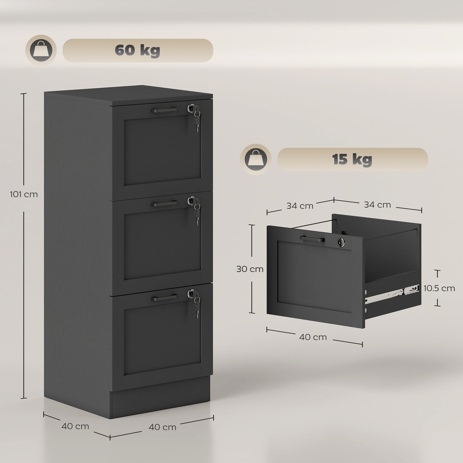 3 Drawer File Cabinet with Lock, Vertical Filing Cabinet with Adjustable Hanging Bars for A4 and Letter Size File Folders, Printer Stand with Storage, Black