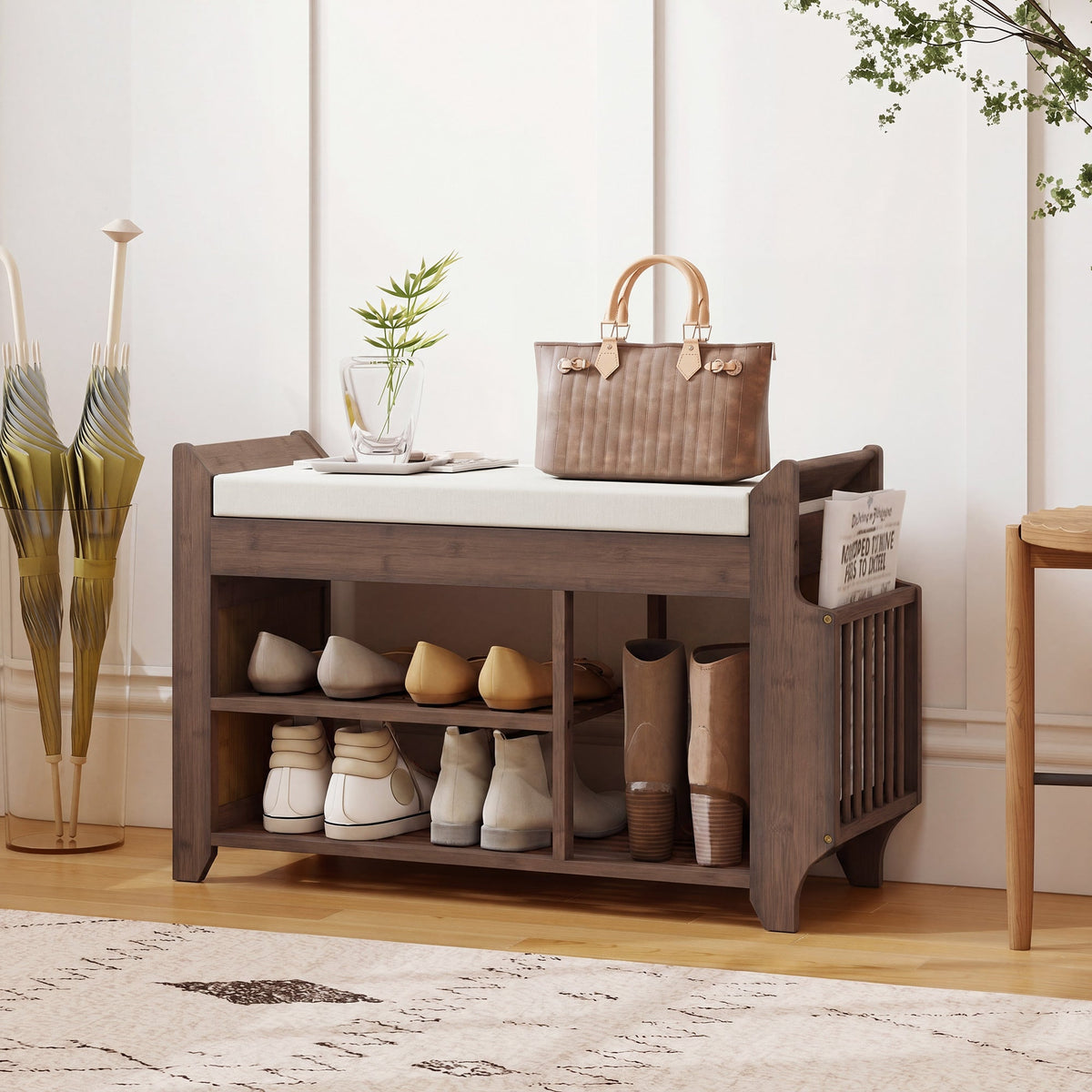 Shoe Bench with Cushioned Seat, Shoe Storage Bench with Side Holder and Boot Section, 2-Tier Natural Bamboo Entryway Rack for Hallway, Living Room, 100 x 30 x 50 cm, Dark Brown and Cream