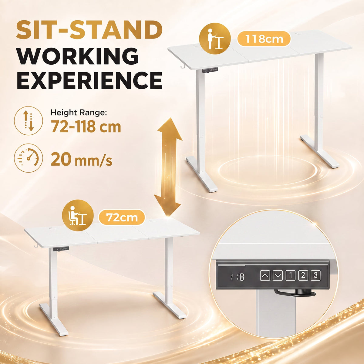 Electric Standing Desk Height Adjustable 140 x 60cm, Sit Stand Desk with 3 Memory Presets, Quiet Home Office Computer Desk with LED Display, Cable Holes & Hooks for Bedroom, Home Office, White