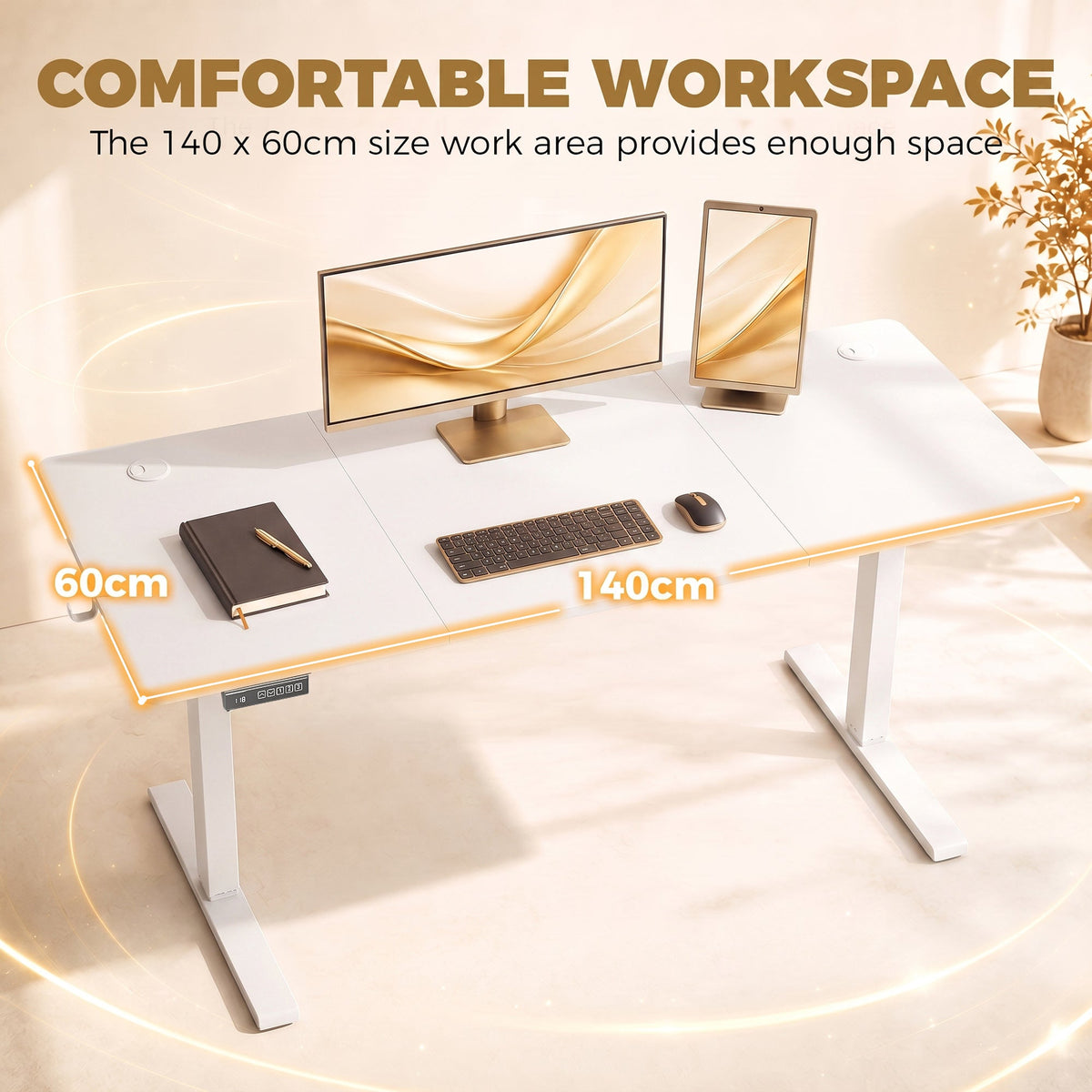 Electric Standing Desk Height Adjustable 140 x 60cm, Sit Stand Desk with 3 Memory Presets, Quiet Home Office Computer Desk with LED Display, Cable Holes & Hooks for Bedroom, Home Office, White