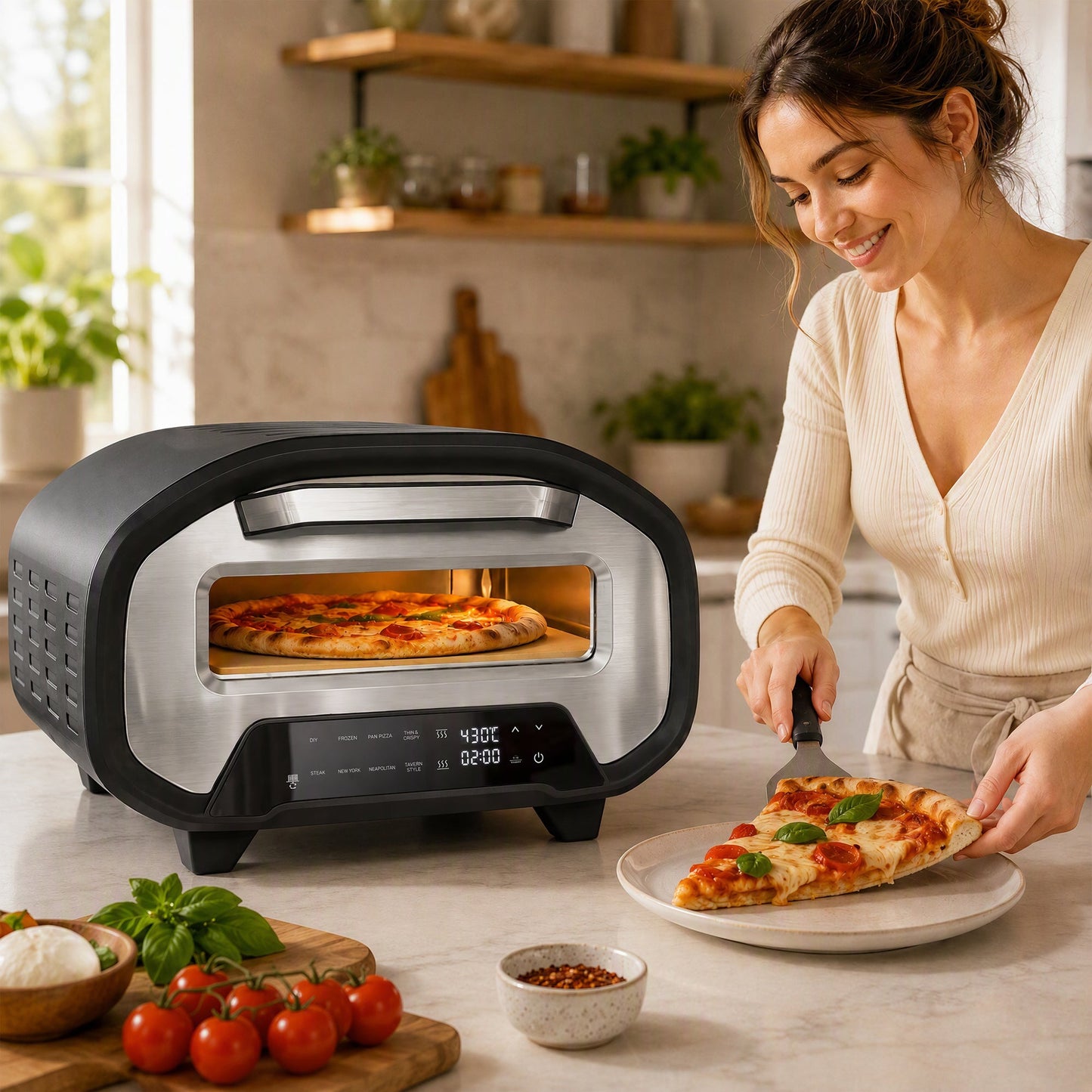 Pizza Oven Indoor, 12 Inch Electric Countertop Pizza Maker with 8 Preset Modes, 430°C, Timer, Ceramic Stone, LCD Touch Control, 2200W