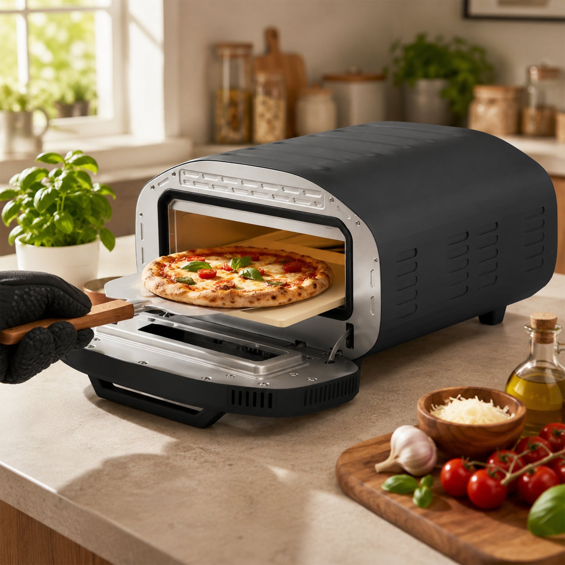 Pizza Oven Indoor, 12 Inch Electric Countertop Pizza Maker with 8 Preset Modes, 430°C, Timer, Ceramic Stone, LCD Touch Control, 2200W