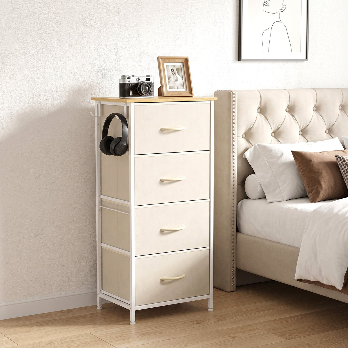 Chest of Drawers, Dresser for Bedroom with 4 Fabric Drawers, Tall Storage Unit with 4 Pockets, 2 Hooks and Steel Frame for Living Room, Hallway, Beige