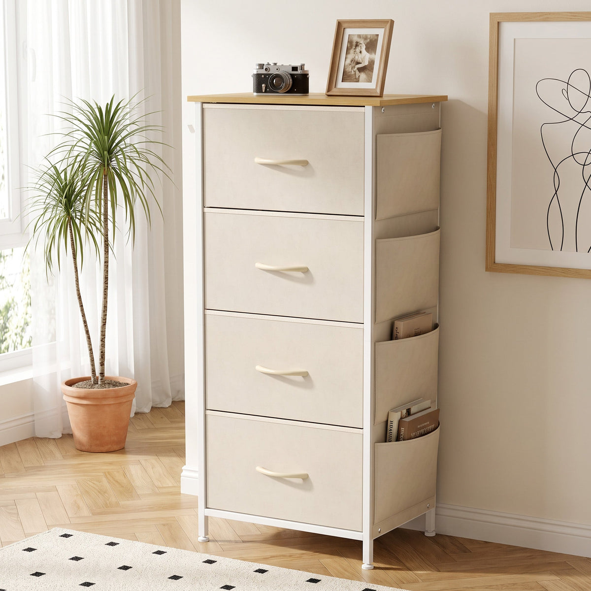 Chest of Drawers, Dresser for Bedroom with 4 Fabric Drawers, Tall Storage Unit with 4 Pockets, 2 Hooks and Steel Frame for Living Room, Hallway, Beige