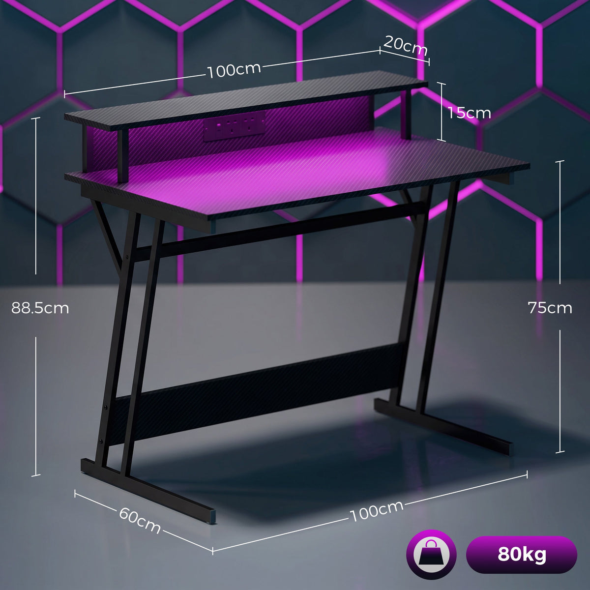 Gaming Desk with LED Lights and Power Outlets, 100 x 60cm Z Shaped Computer Desk with Monitor Stand and Steel Frame, PC Gaming Table for Home Office, Black