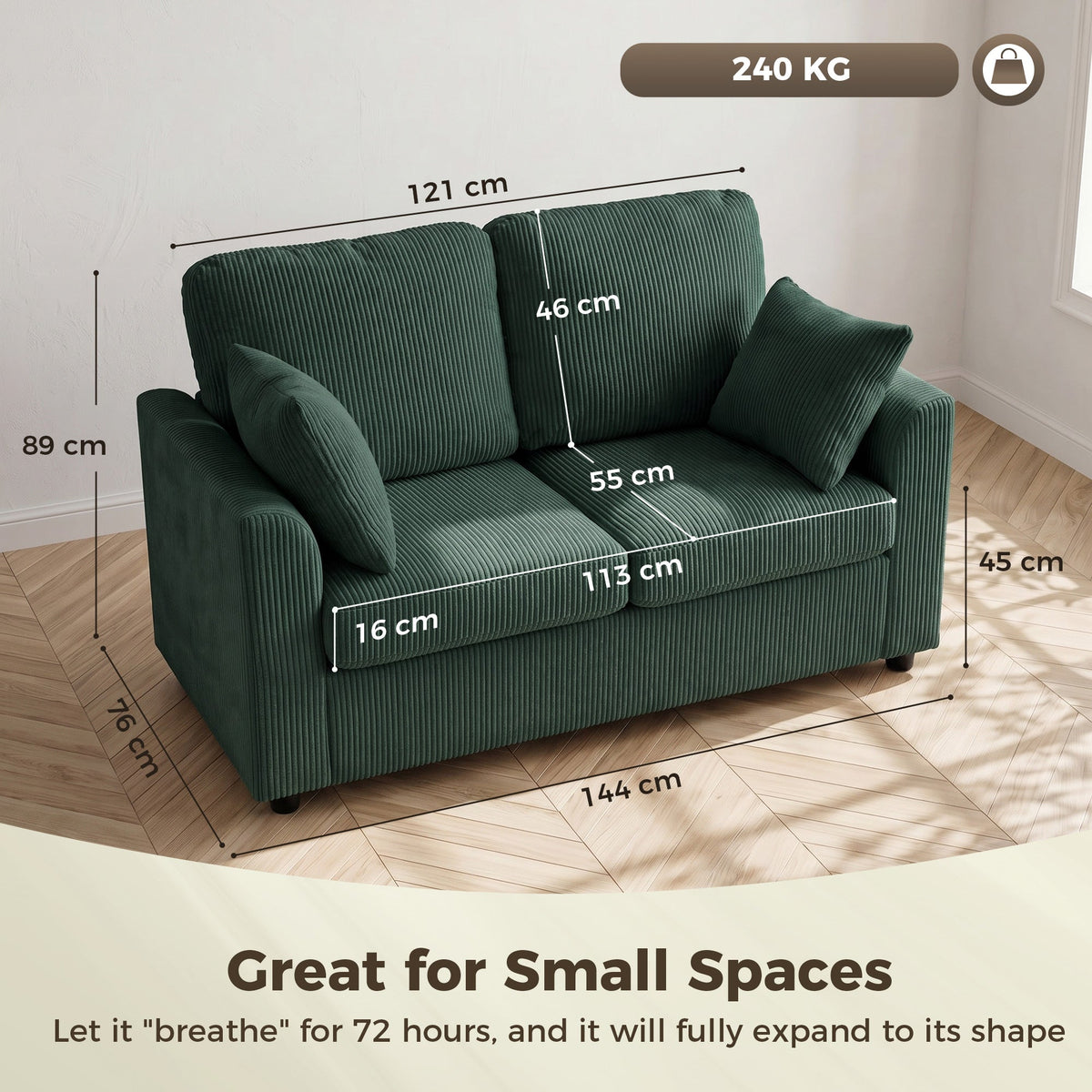 2 Seater Sofa, 144cm Corduroy Small Couch with Spring Cushion, Wide and Deep Seat, Plush Backrest, 2 Pillows, Loveseat Sofa Settee for Small Space, Living Room, Bedroom, Home Office, Dark Green
