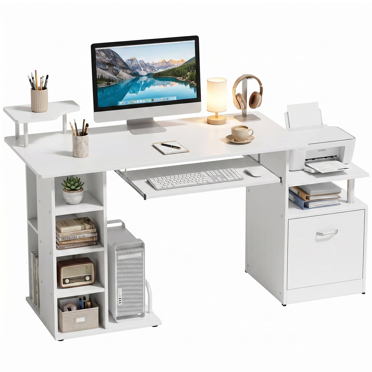 Computer Desk PC Workstation with Drawer Shelves CPU Storage Rack Home Office Furniture 152 x 60 x 88 cm White Wood Effect