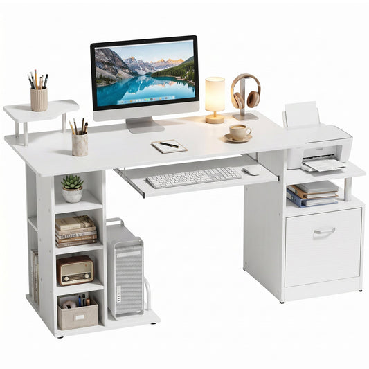 Computer Desk PC Workstation with Drawer Shelves CPU Storage Rack Home Office Furniture 152 x 60 x 88 cm White Wood Effect