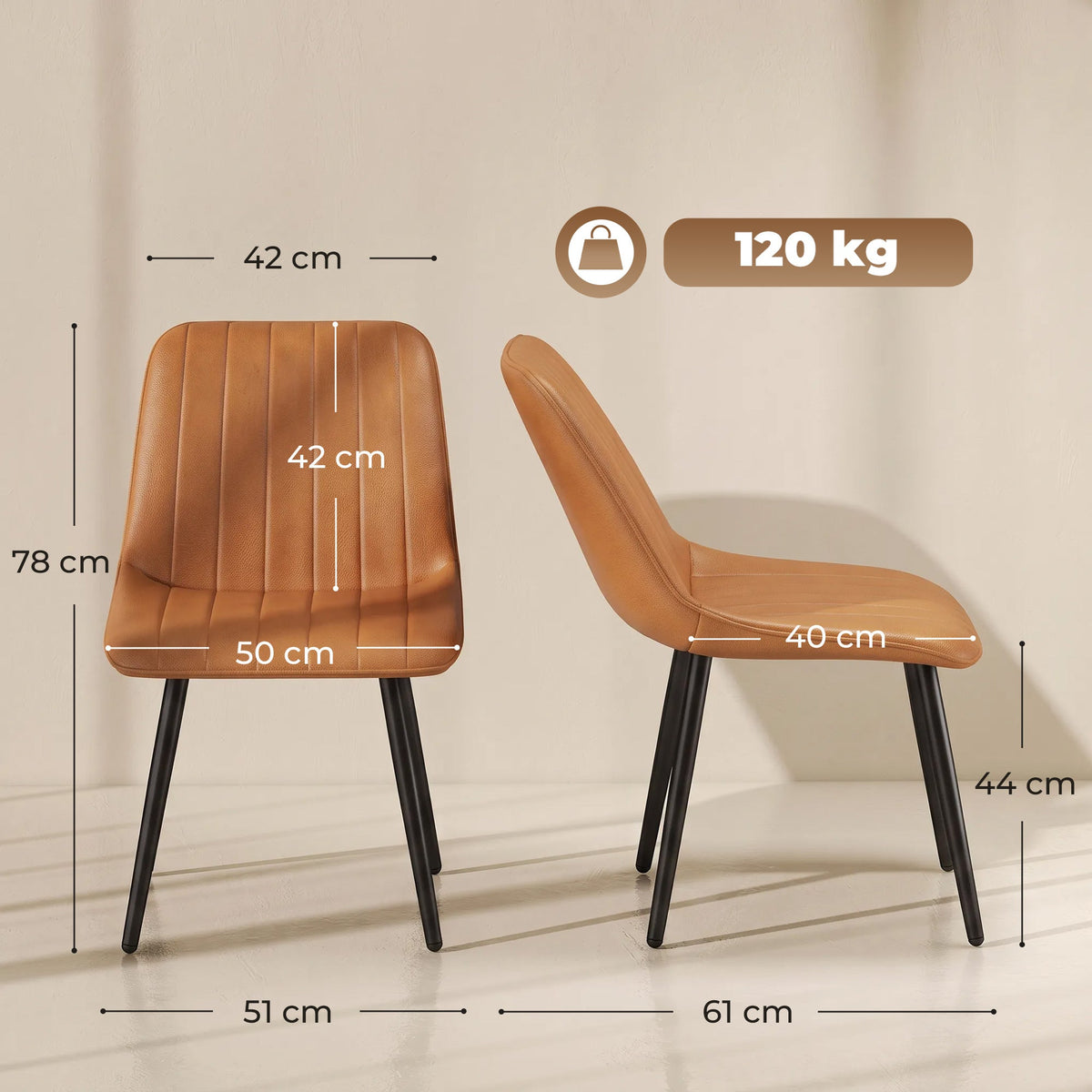 Modern Dining Chairs Set of 2, Curved Faux Leather Upholstered Kitchen Chairs with Metal Legs for Dining Room, Kitchen, Living Room, Brown