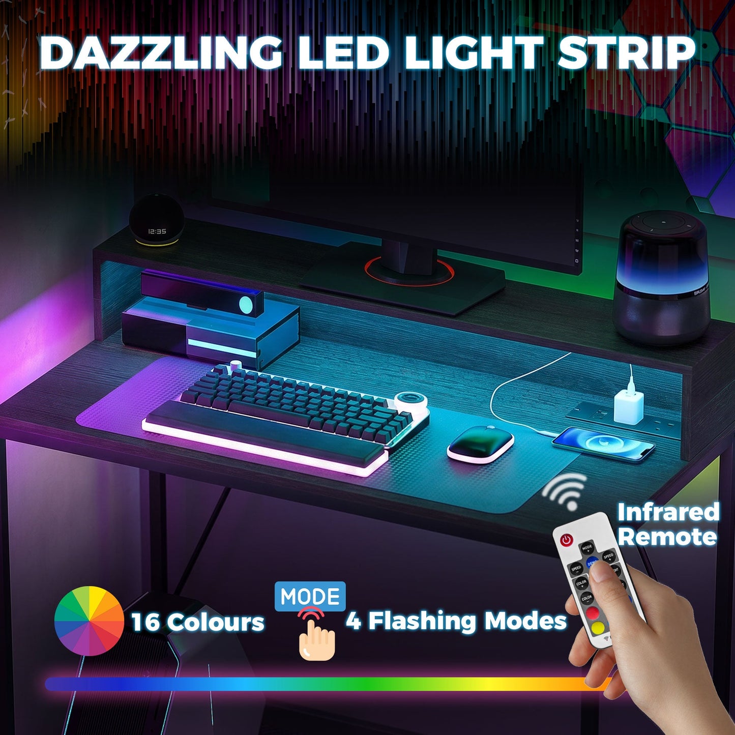 100cm Computer Desk with LED Lights and Power Outlets, Gaming Desk with Monitor Stand, Computer Table with Remote for Home Office Study, Black Wood-Effect