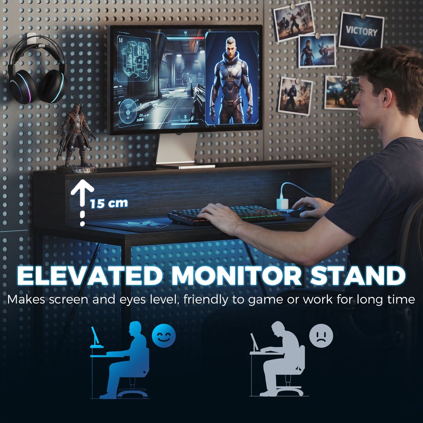 100cm Computer Desk with LED Lights and Power Outlets, Gaming Desk with Monitor Stand, Computer Table with Remote for Home Office Study, Black Wood-Effect