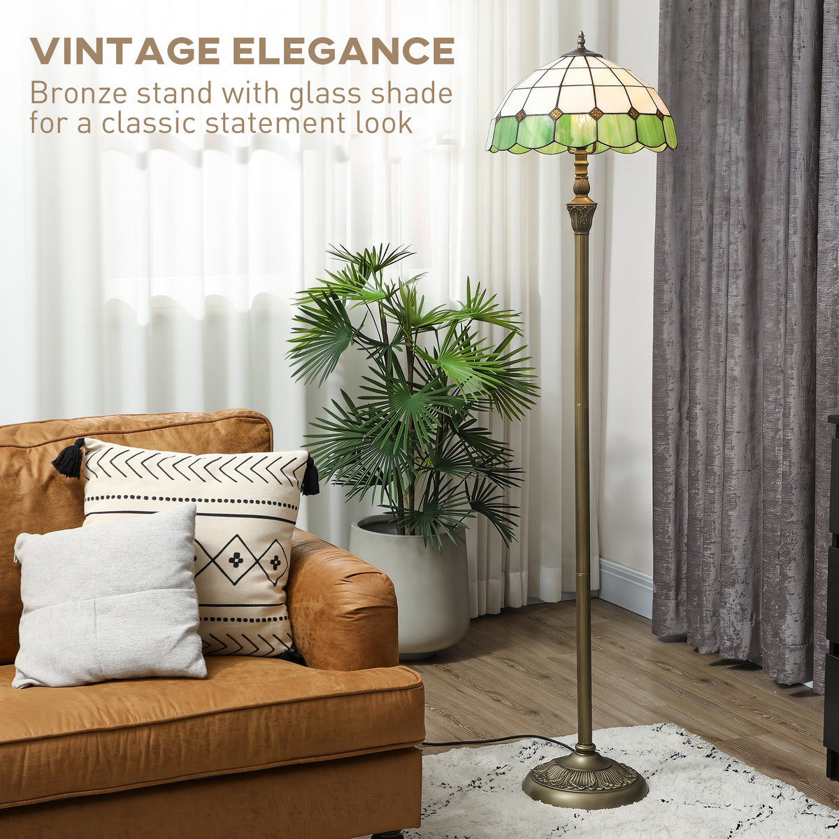 Tiffany-Style Floor Lamp with Handcrafted Stained Glass Shade, 152cm Tall Vintage Standing Lamp with Foot Switch and Dual Sockets for Living Room, Bedroom, Bronze Tone and Green