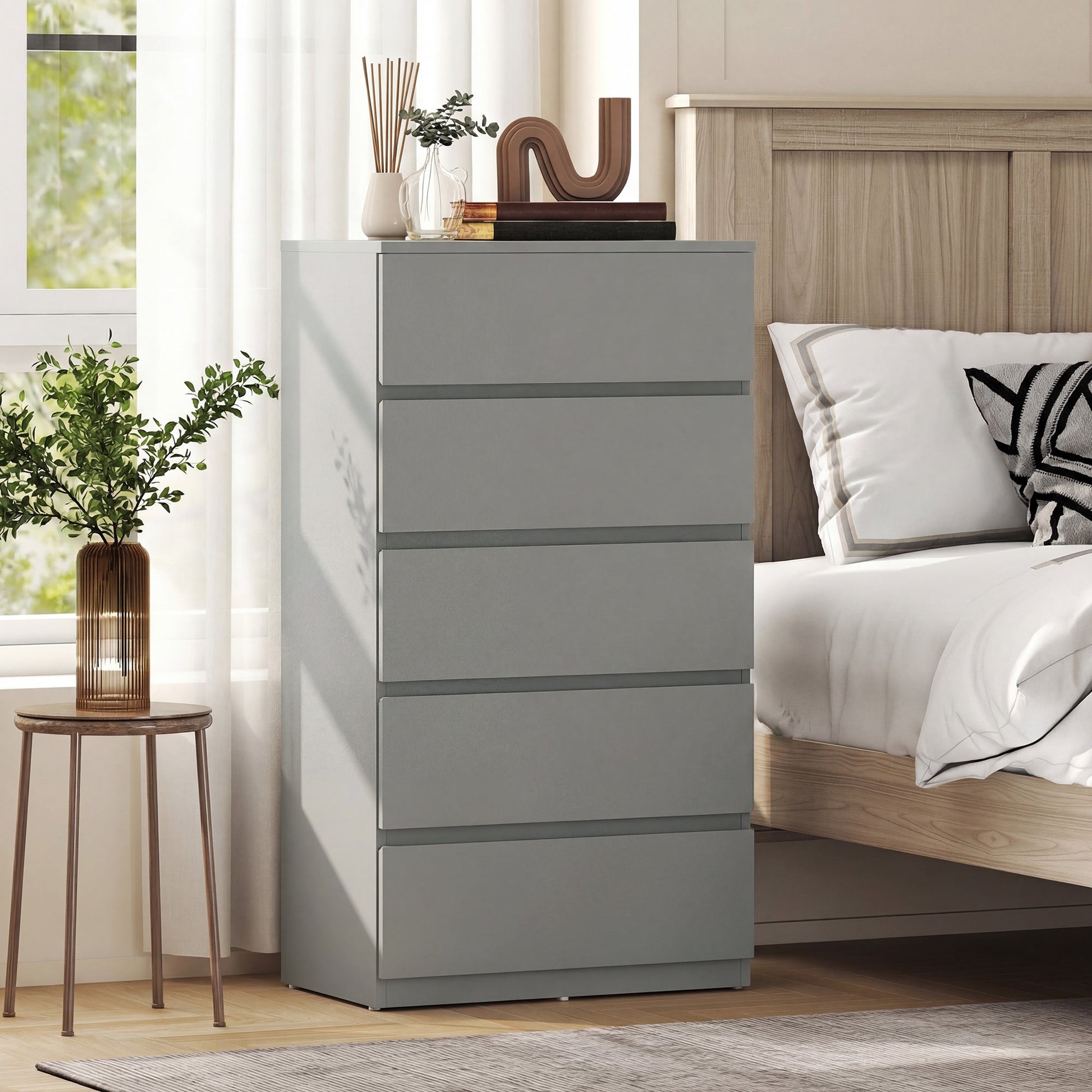 Chest of Drawers, 5 Drawers Storage Cabinet Floor Tower Cupboard for Bedroom Living Room, Grey