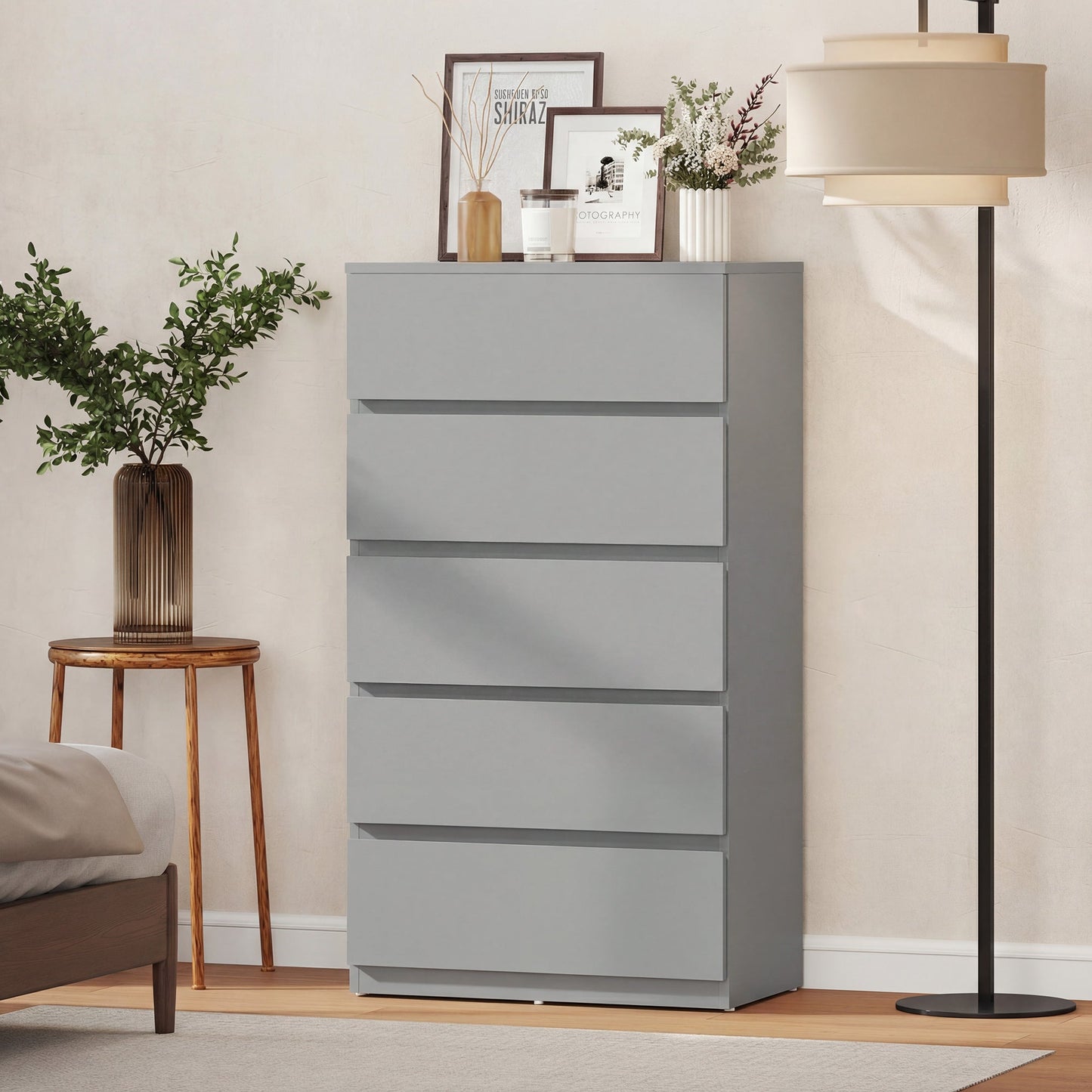 Chest of Drawers, 5 Drawers Storage Cabinet Floor Tower Cupboard for Bedroom Living Room, Grey