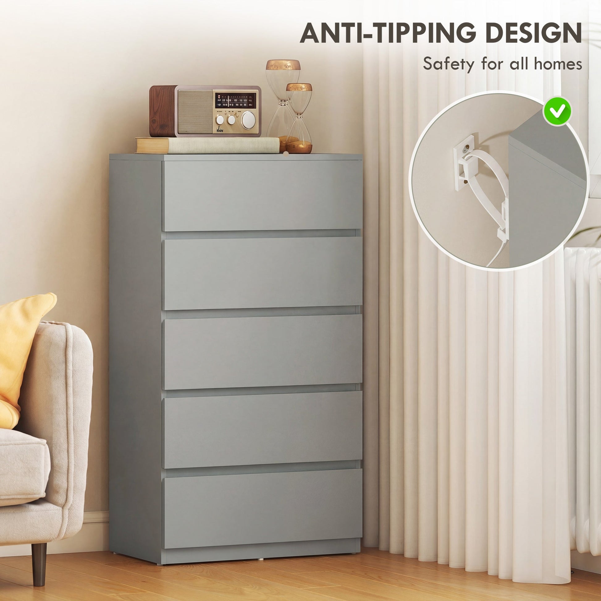 Chest of Drawers, 5 Drawers Storage Cabinet Floor Tower Cupboard for Bedroom Living Room, Grey