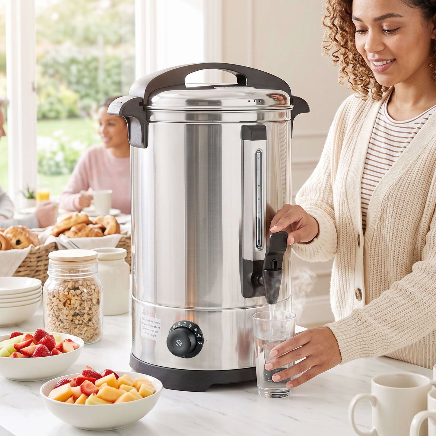 6.5L Catering Urn, 1500W Hot Water Boiler Dispenser with Thermostat, Stainless Steel Tea Urn Kettle with Keep Warm Function, Adjustable Temperature and Easy Pour Tap for Home Office Parties