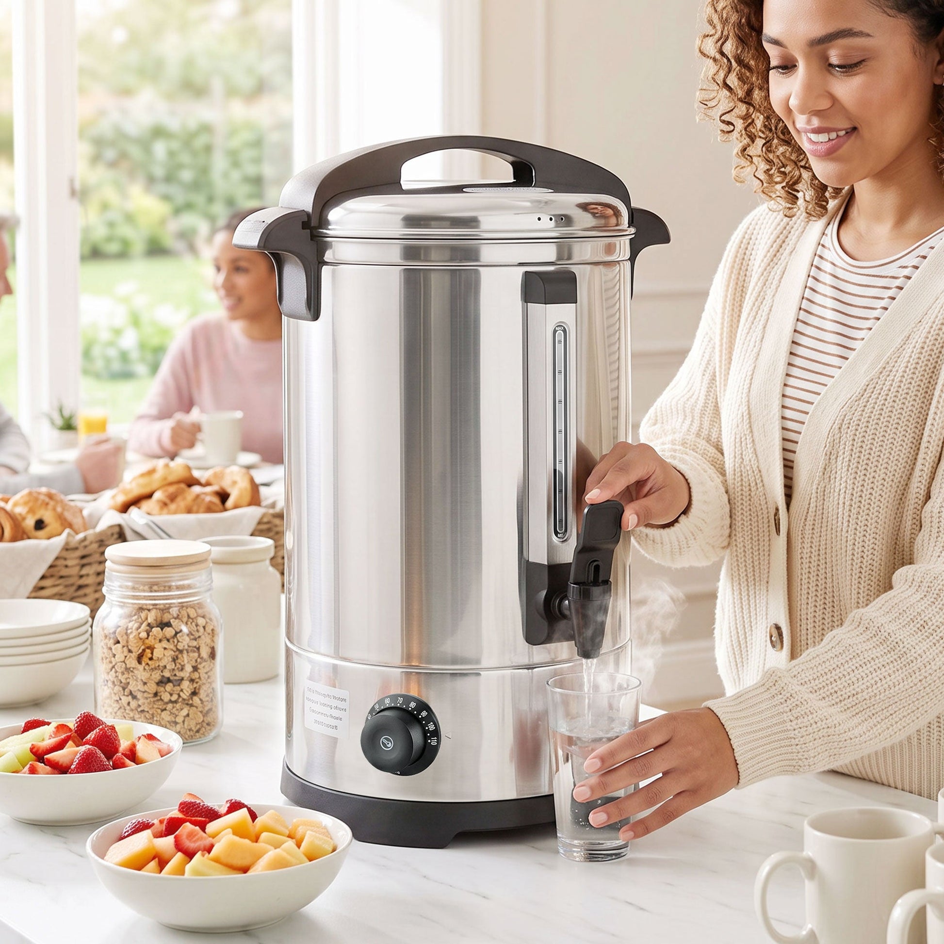 6.5L Catering Urn, 1500W Hot Water Boiler Dispenser with Thermostat, Stainless Steel Tea Urn Kettle with Keep Warm Function, Adjustable Temperature and Easy Pour Tap for Home Office Parties