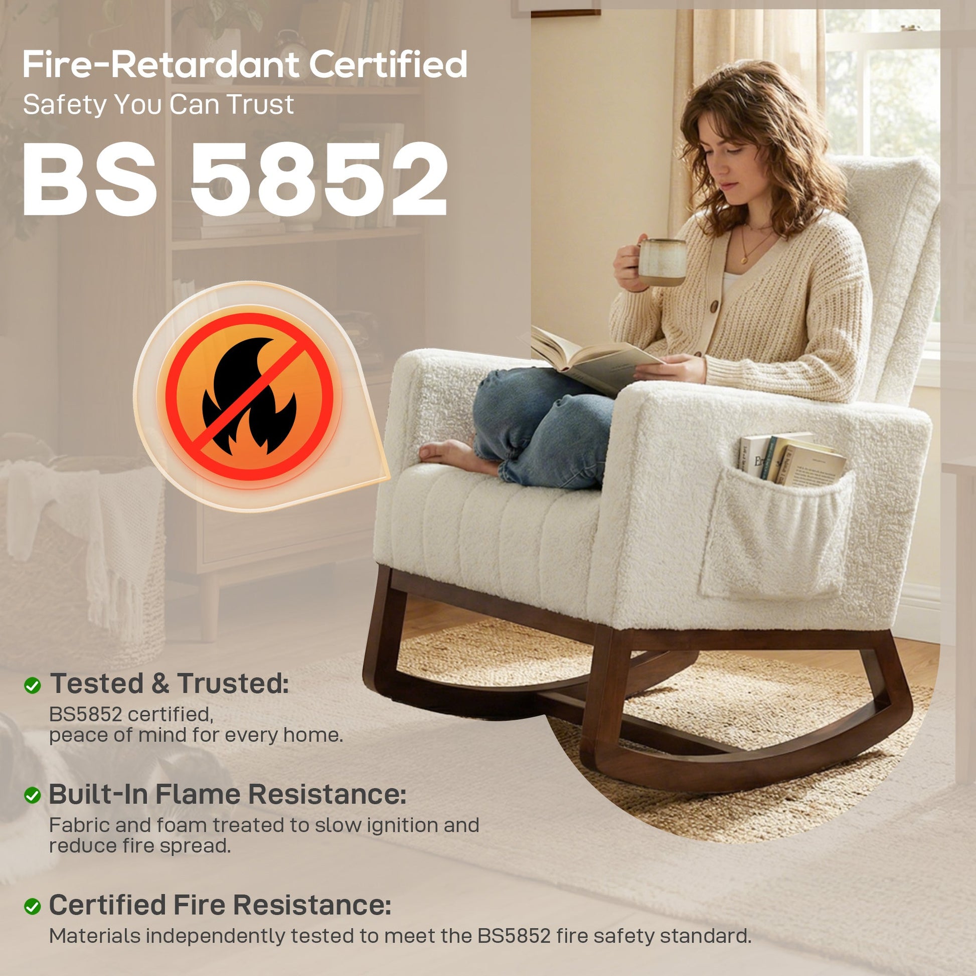 Rocking Chair for Adults, Snow Flannel Upholstered Accent Armchair with Lumbar Pillow, High Back, Wood Base, Side Pockets, Leisure Rocker Lounge Chair for Living Room, Bedroom, Cream White