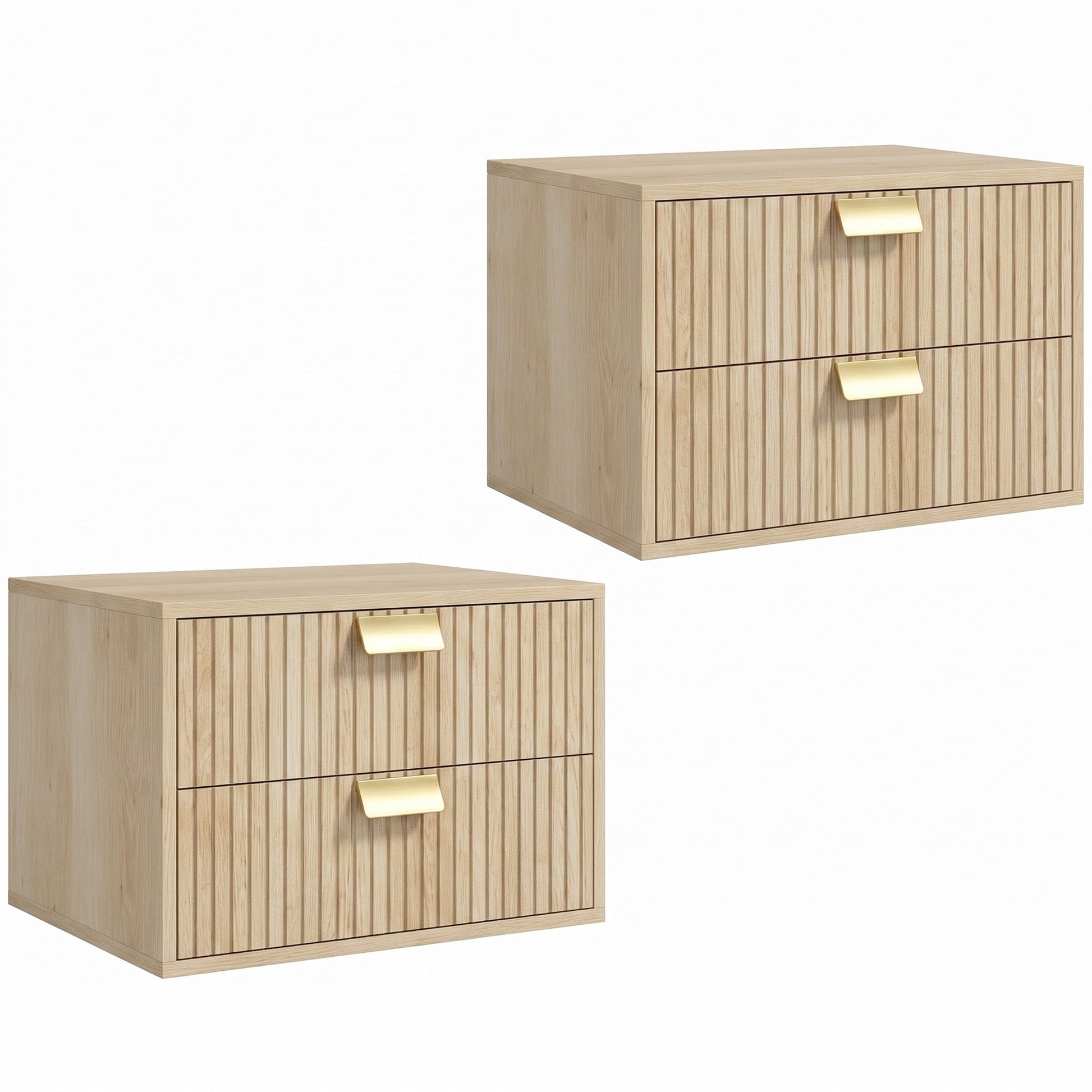 Modern Floating Nightstands Set of 2, Wall Mounted Bedside Tables with 2 Wave Drawers, Bedside Cabinets for Bedroom Living Room, Oak